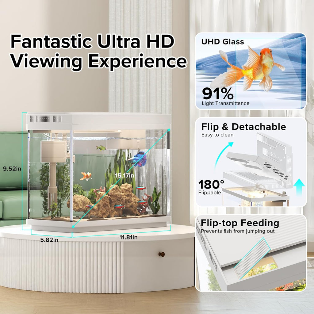 Aquarium, 2.4 Gallon Betta Fish Tank with Heater, Humidifier 3 in 1 Pump - Filteration & Oxygenation & Circulation, Temperature Display, HD Glass, Timed 7-Color Lights