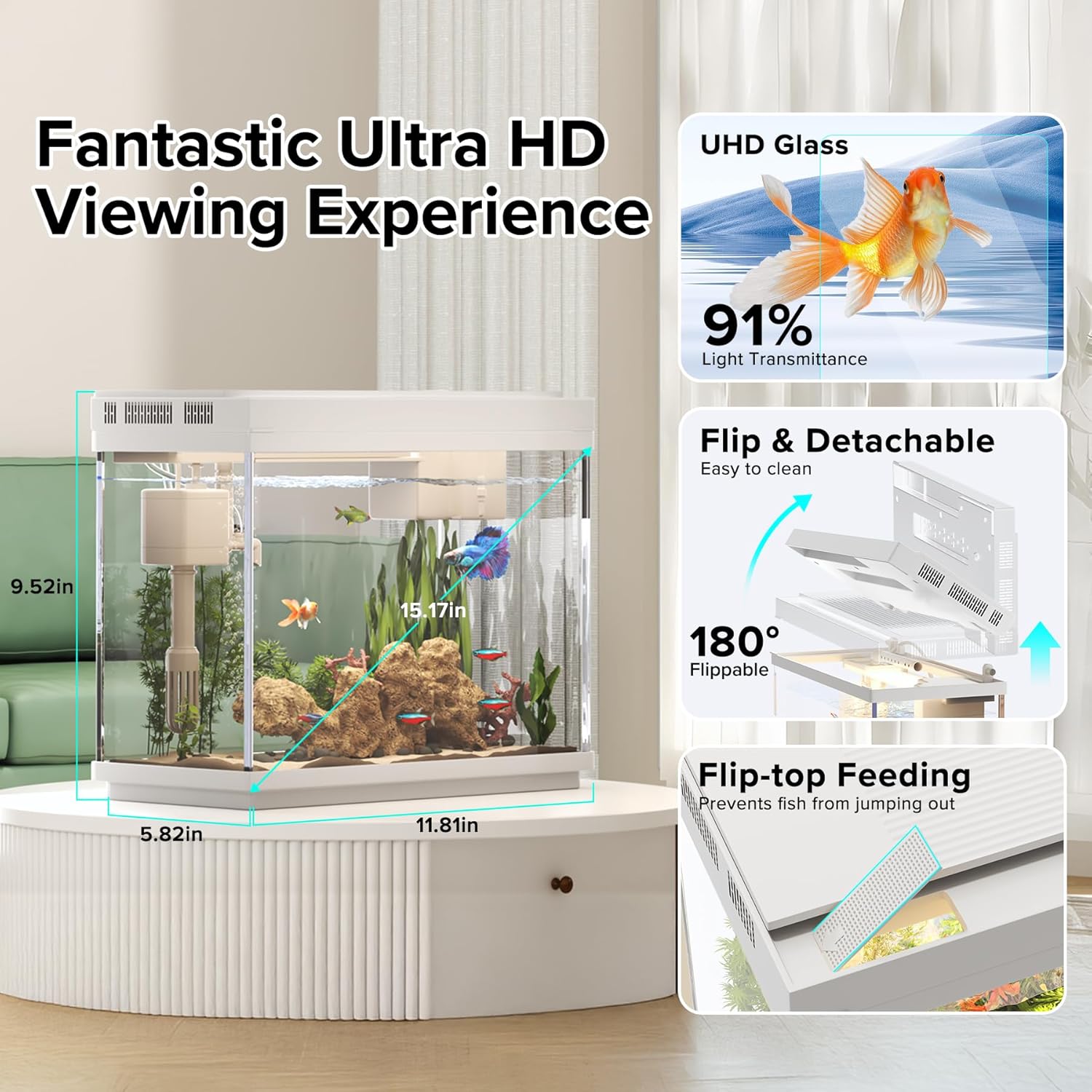 Aquarium, 2.4 Gallon Betta Fish Tank with Heater, Humidifier 3 in 1 Pump - Filteration & Oxygenation & Circulation, Temperature Display, HD Glass, Timed 7-Color Lights