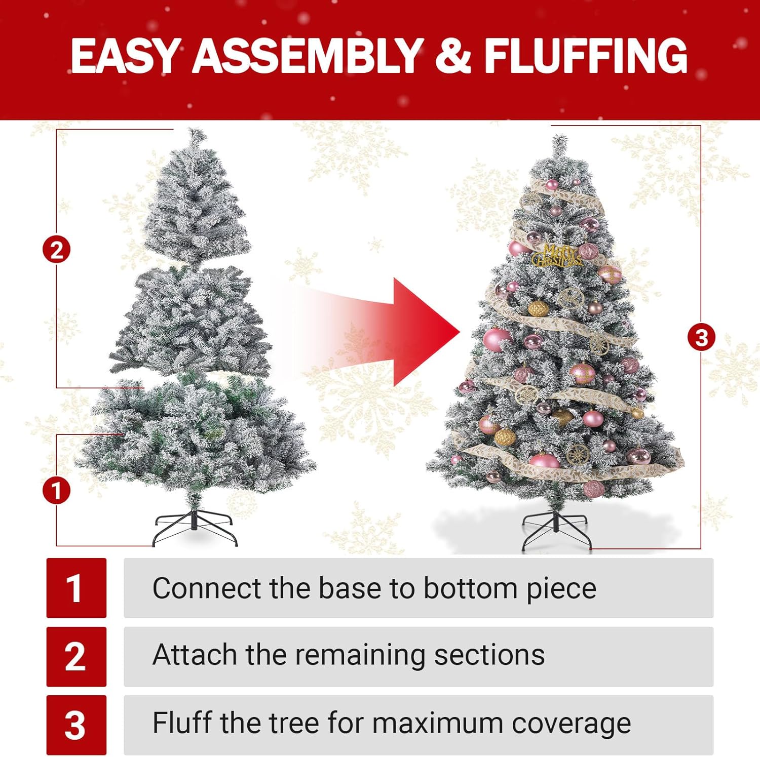 7FT Snow Flocked Christmas Tree, Premium Hinged Artificial Pine Xmas Tree with Metal Stand, 1200 Branch Tips for Lush Holiday Decor, Easy to Assemble & Perfect for Christmas Decoration