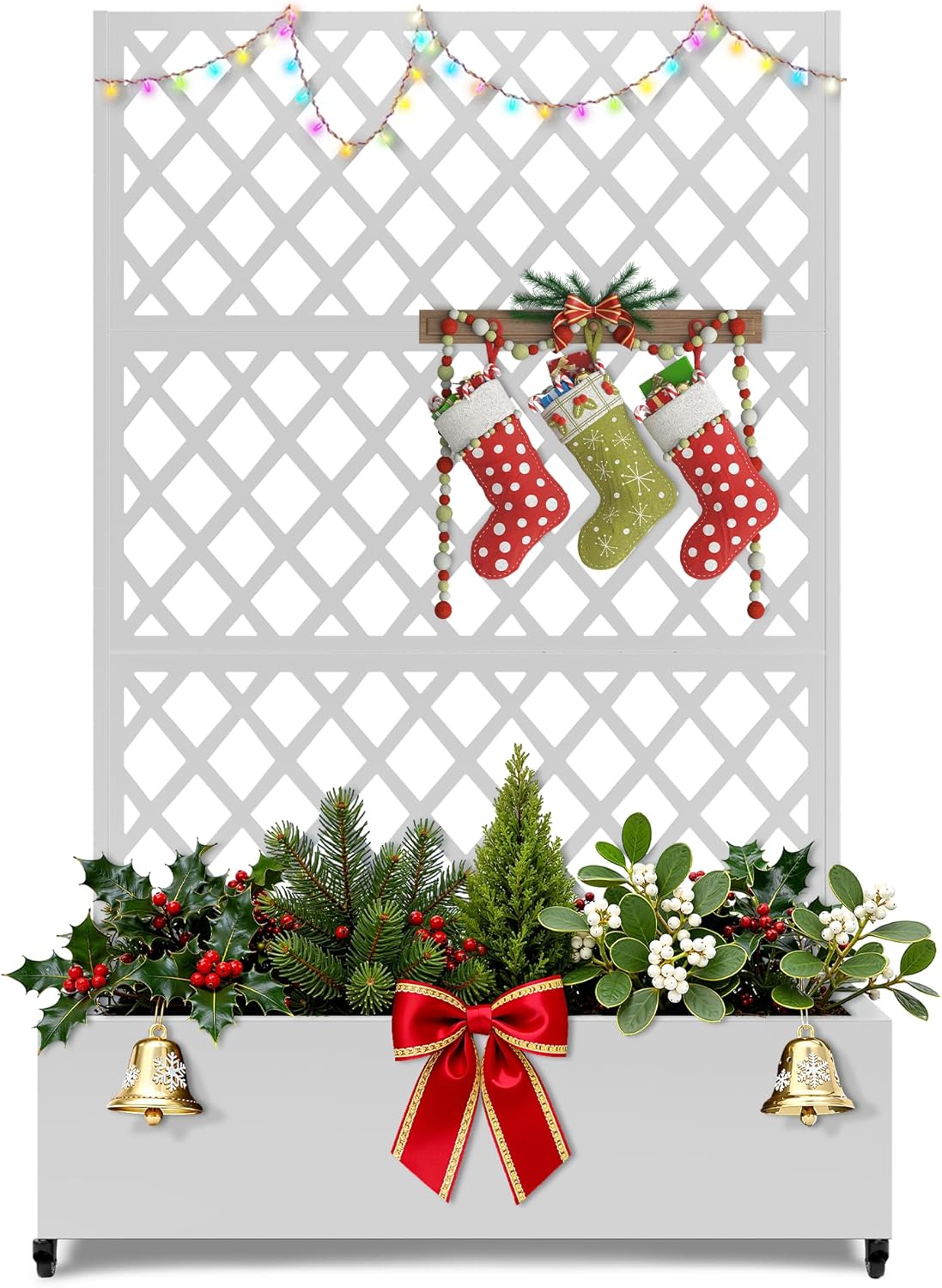 FENCY Metal Planter Box with Diamond Lattice Trellis Planter Box for Climbing Plants/Vines, Galvanized Raised Garden Bed On Wheels, Garden Bed with Trellis(73"x47" White)
