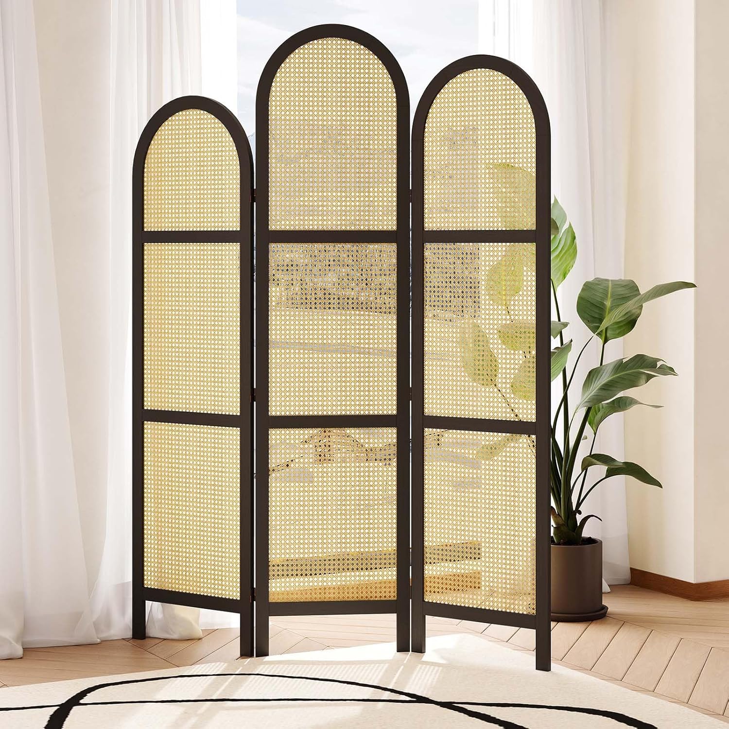 3-Panel Hand-Woven Rattan Room Divider, Tall Foldable Privacy Screen with Wooden Frame - Freestanding Portable Partition for Home Office, Bedroom, Bathroom(Black-Wave)