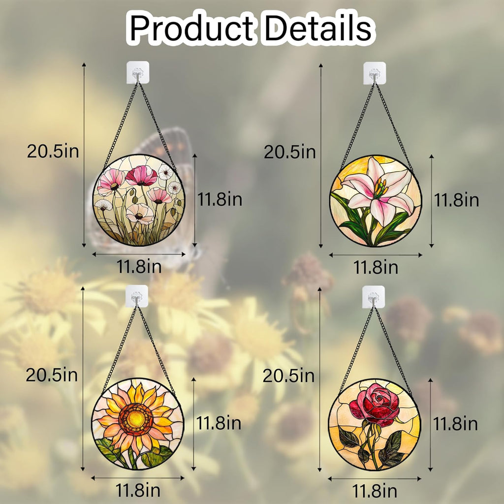 Stained Glass Window Hanging 4 Pcs Set Lily Rose Sunflower Poppy Large 11.8" - Flower Suncatcher Door Garden Sun Catcher Decor Birthday Mother's Day for Wife Woman Nana Girl