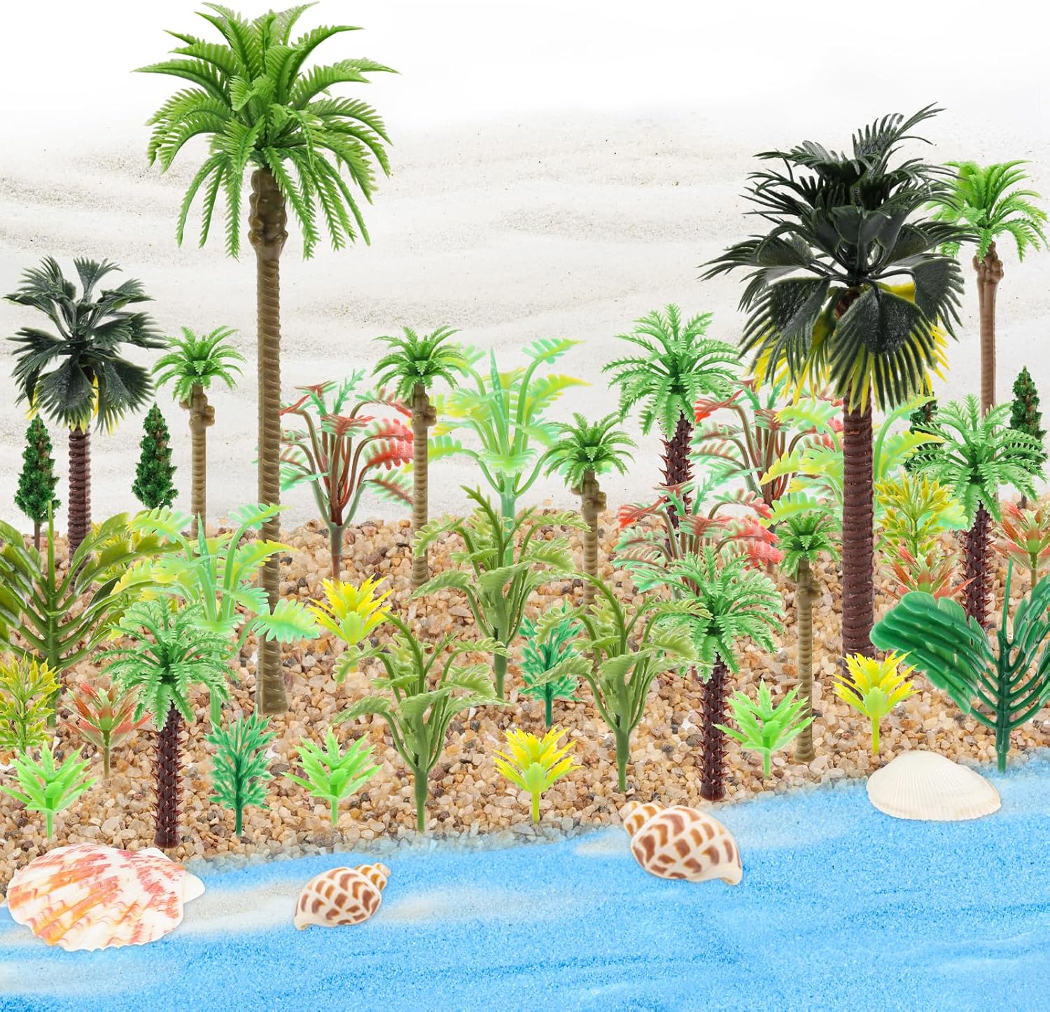 50PCS Mini Model Miniature Palm Trees Beach Coastal City Scenery Coconut Tree Rainforest with Sand and Shells, Architecture Fake Trees for DIY Crafts, Building Model, Scenery Landscape