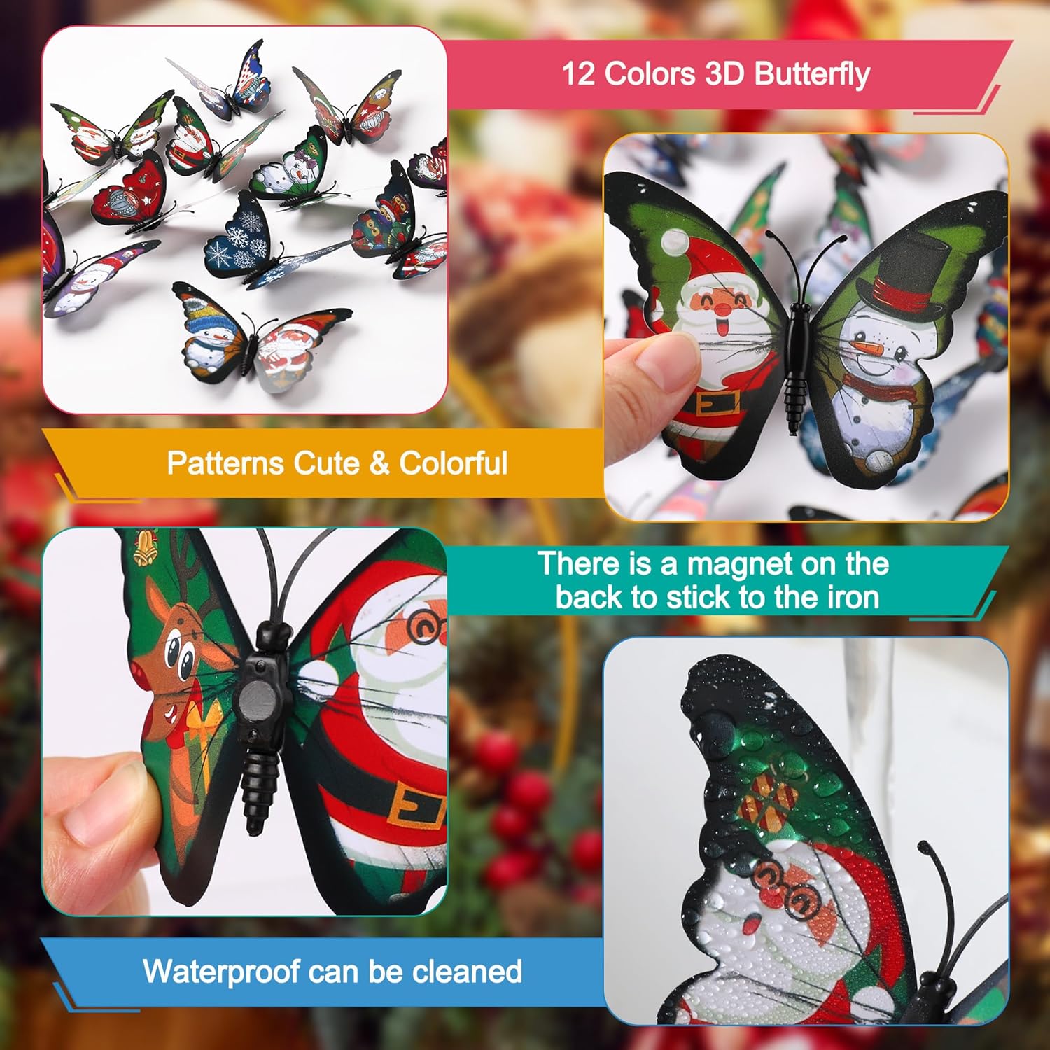 LiveGallery 72 PCS 6 Colors Removable 3D Merry Christmas DIY Beautiful Butterfly Wall Decals Colorful Santa Claus, snowmen, snowflakes, elk Butterflies Art Decor Wall Stickers Murals for Kids Baby Boy