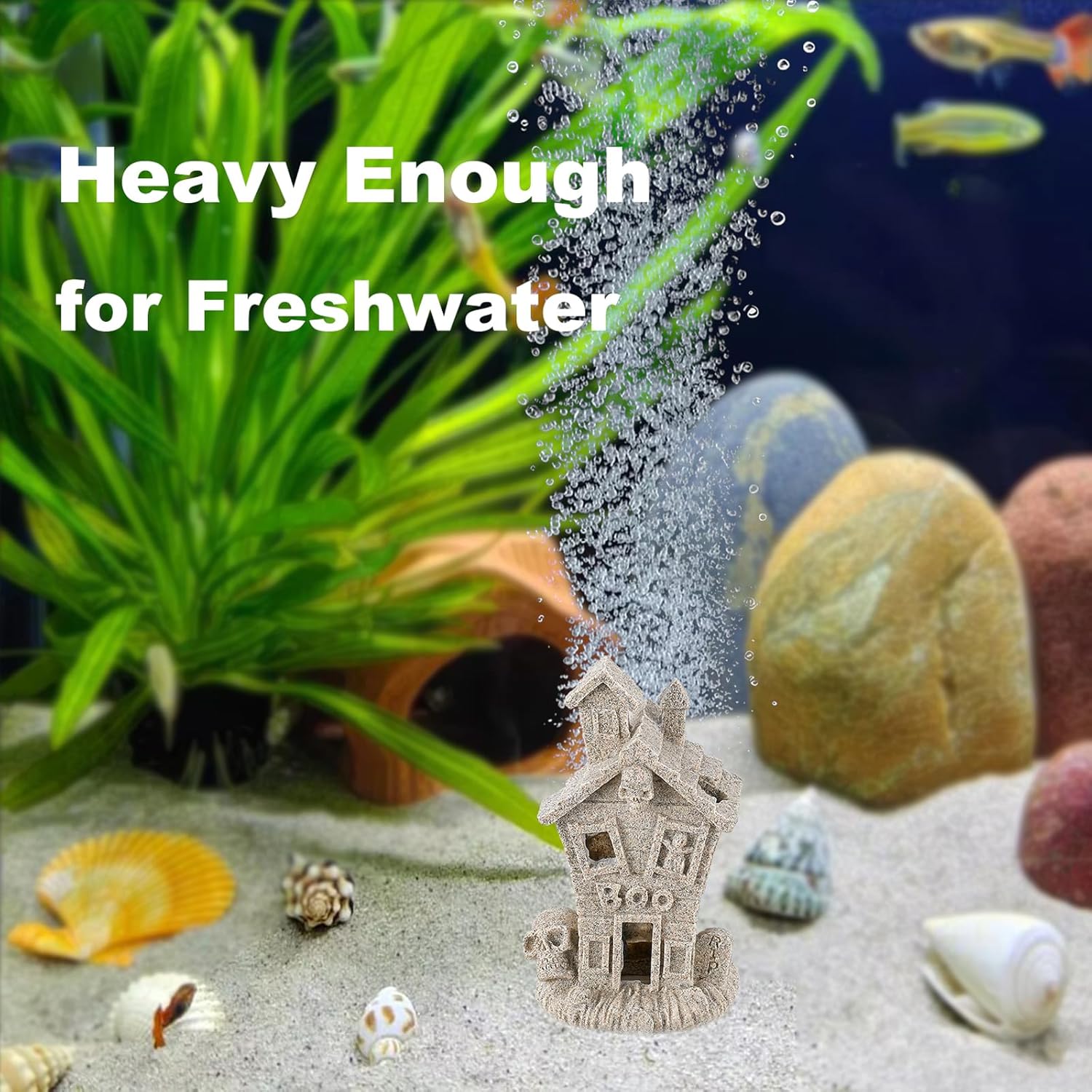 Carefree Fish Aquarium Haunted House Halloween Ghost Bubbler Decor Fish Hide-Out Ornament with 3Ft Tubing and Tiny Air Stone（No Included Air Pump
