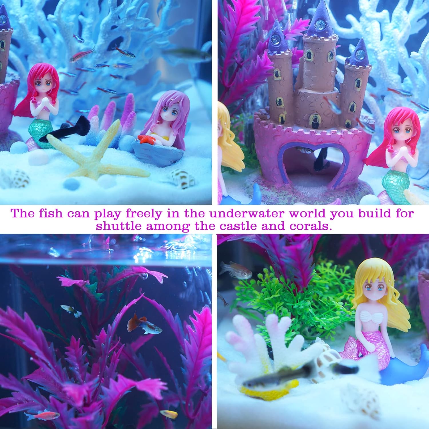Mermaid's Castle Fish Tank Decorations-28pack Include Castle Hideout, Faux Coral,Starfish and Artificial Plastic Plants Aquarium Décor Accessories for All Fish-Pink