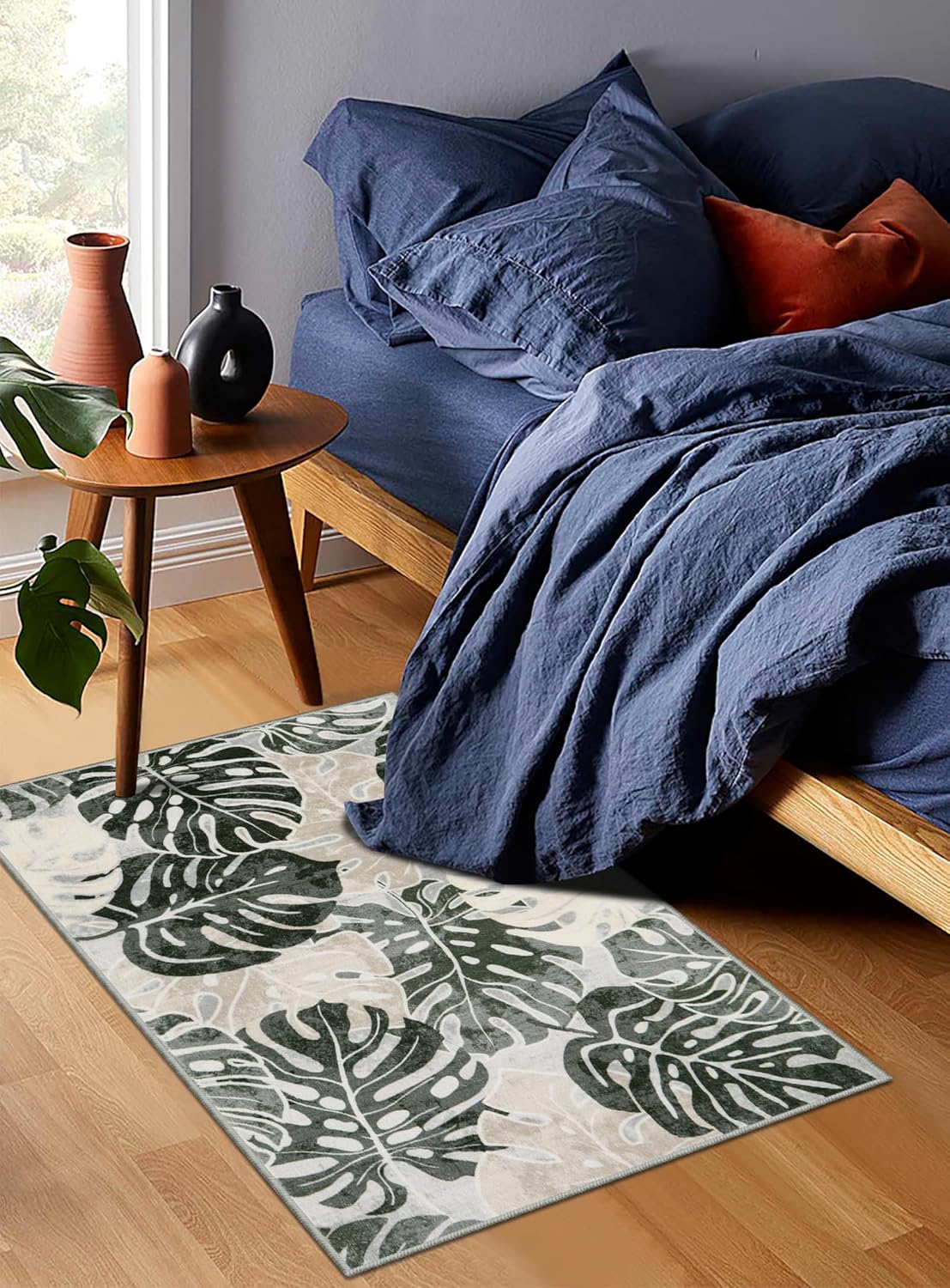 Wonnitar 2x3 Leaf Entryway Rug, Washable Small Indoor Rug for Front Door Entry, Non-Slip Tropical Monstera Kitchen Carpet Soft Low Pile Bath Mats for Bedroom Bathroom, Dark Jungle Green
