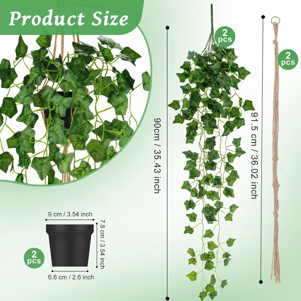 Folmywy 2 Pack Artificial Hanging Plants Vines with Pot Fake Greenery Potted Plant Realistic Ivy Vine Leaves Decoration for Wall Home Windowsill Shelf Living Room Indoor Outdoor Decor