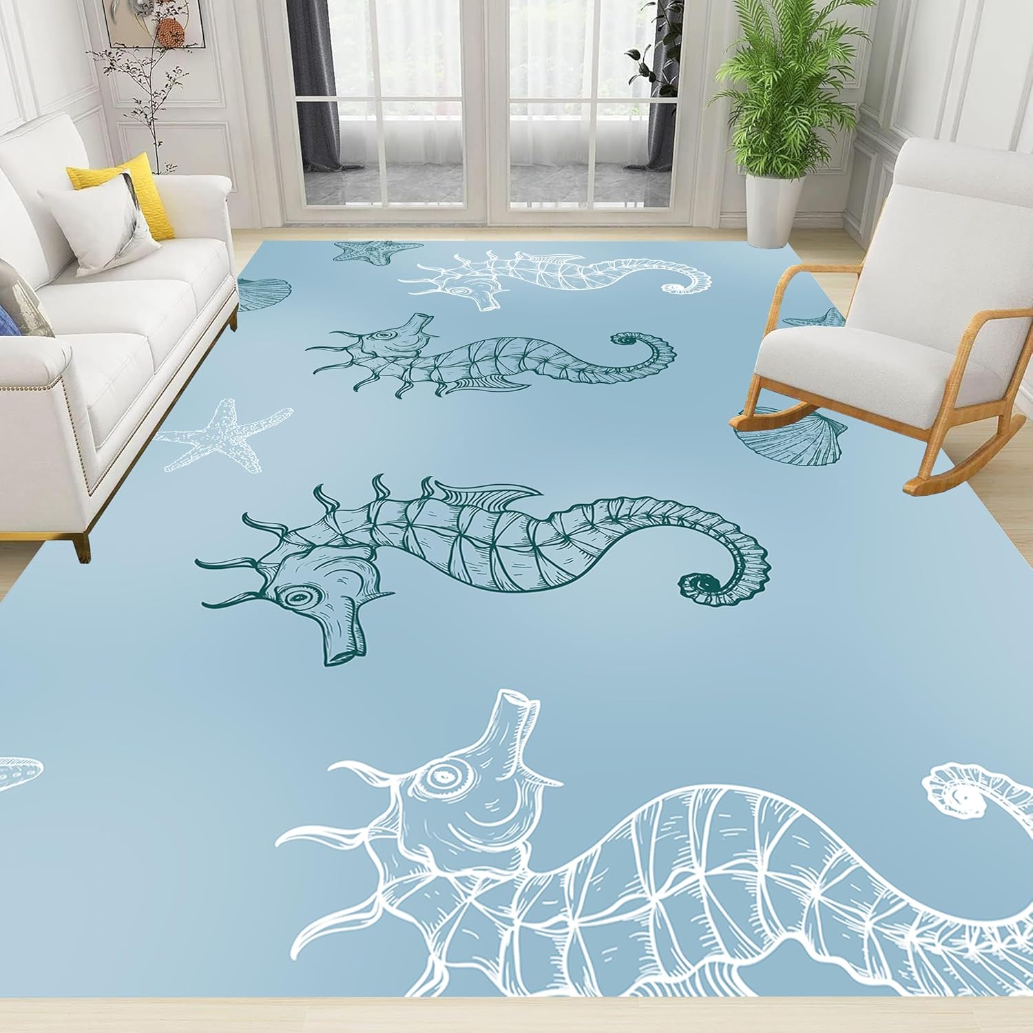 Seahorse Starfish Area Rugs, 8x10ft, Coastal Marine Animal Shell Nautical Rug for Bedroom, Pet Friendly Absorbent Carpet, Floor Decor Dirty Resistant Durable Mat for Bath Room Girls Boys