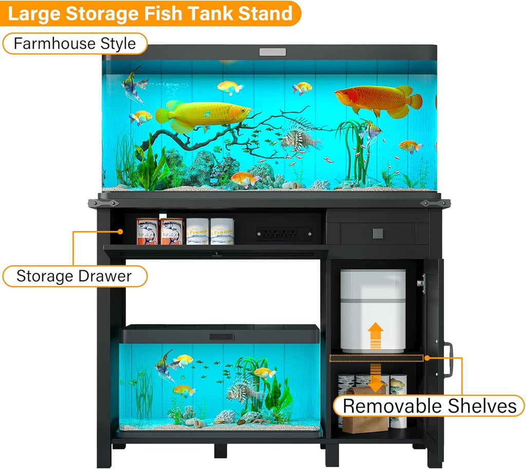 40 Gallon Fish Tank Stand with Power Outlets, Farmhouse Decorative Aquarium Stand Furniture with Adjustable Shelves and Storage Drawer, 30-40 Gallon Reptile Turtle Tank Stand(Black, 30-40GL)