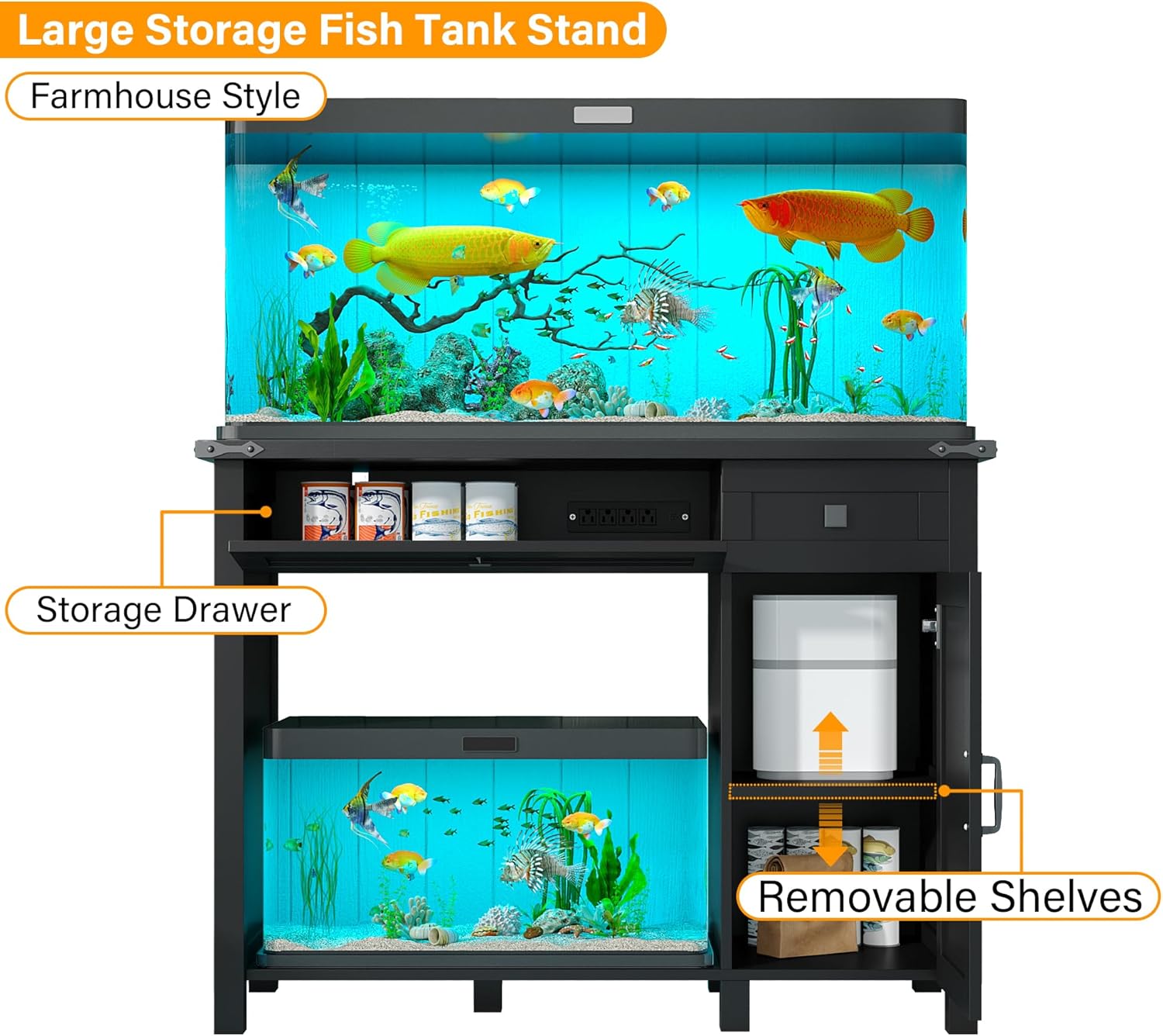 40 Gallon Fish Tank Stand with Power Outlets, Farmhouse Decorative Aquarium Stand Furniture with Adjustable Shelves and Storage Drawer, 30-40 Gallon Reptile Turtle Tank Stand(Black, 30-40GL)