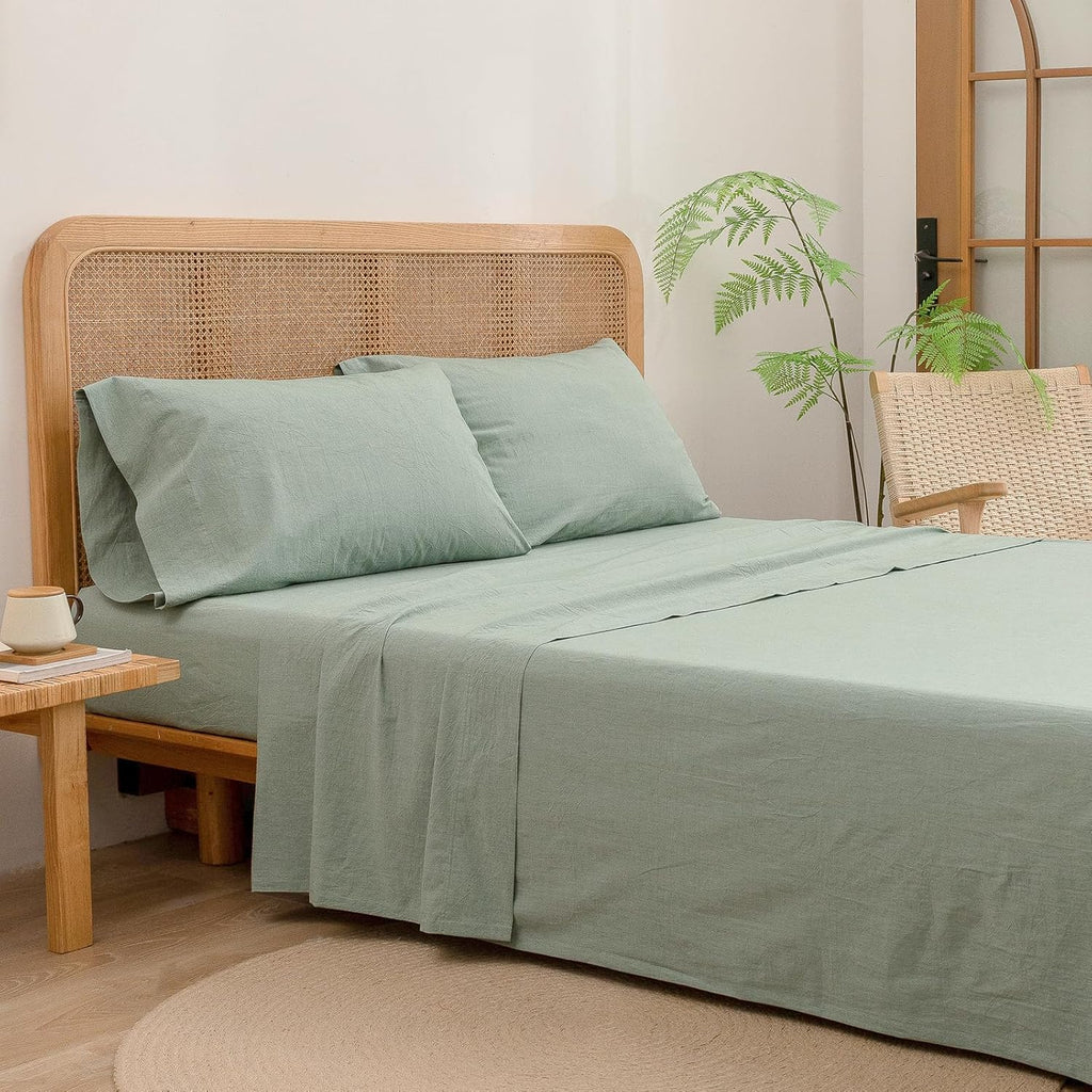 BESTOUCH Sheet Set 100% Washed Cotton Linen Feel Super Soft Comfortable Chic Lightweight 4 Pcs Home Bedding Set Solid Green Full