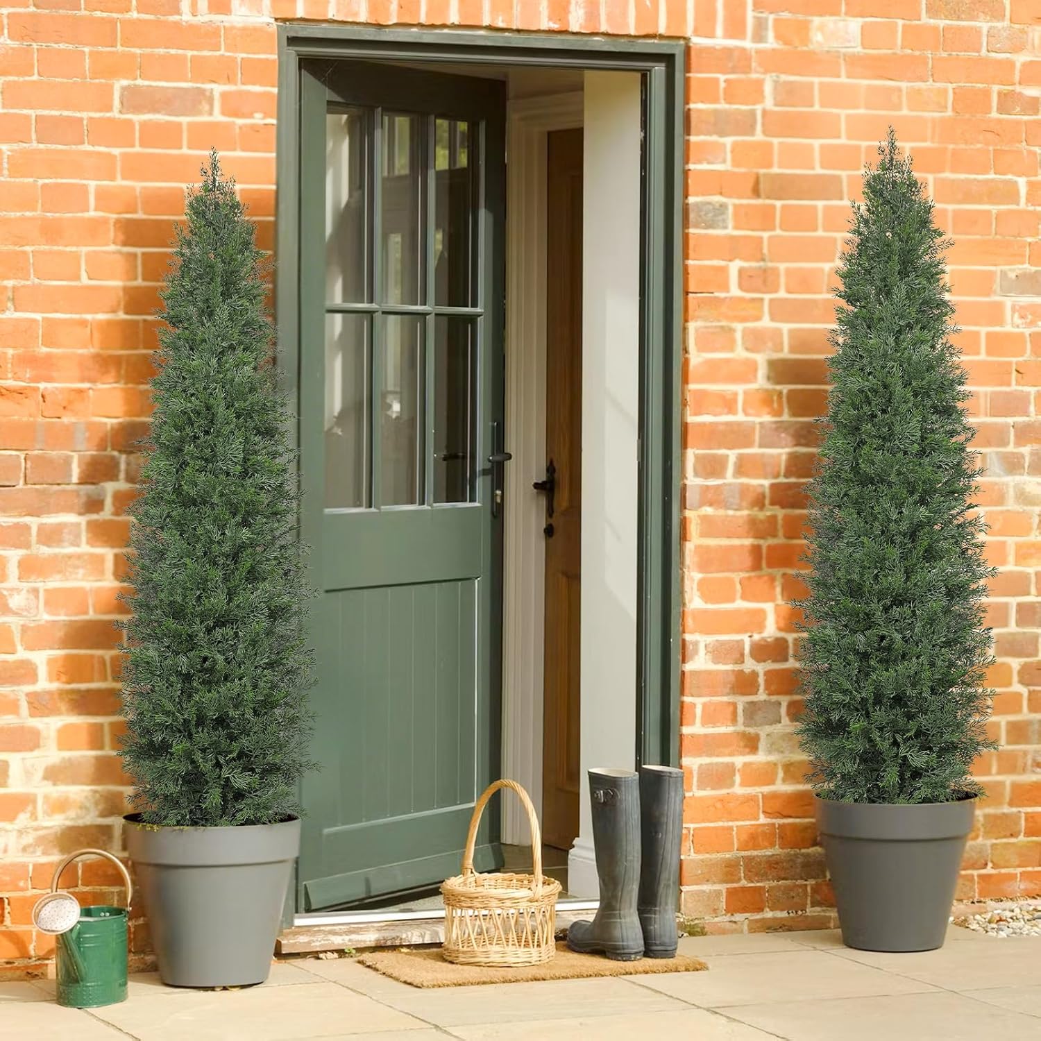 Briful Set of 2 Artificial Cedar Trees – 5FT Tall Faux Cypress Plants in Pots with Detachable Trunks, Realistic Green Leaves, UV Resistant Outdoor/Indoor Topiary Trees for Front Porch Patio Home Decor