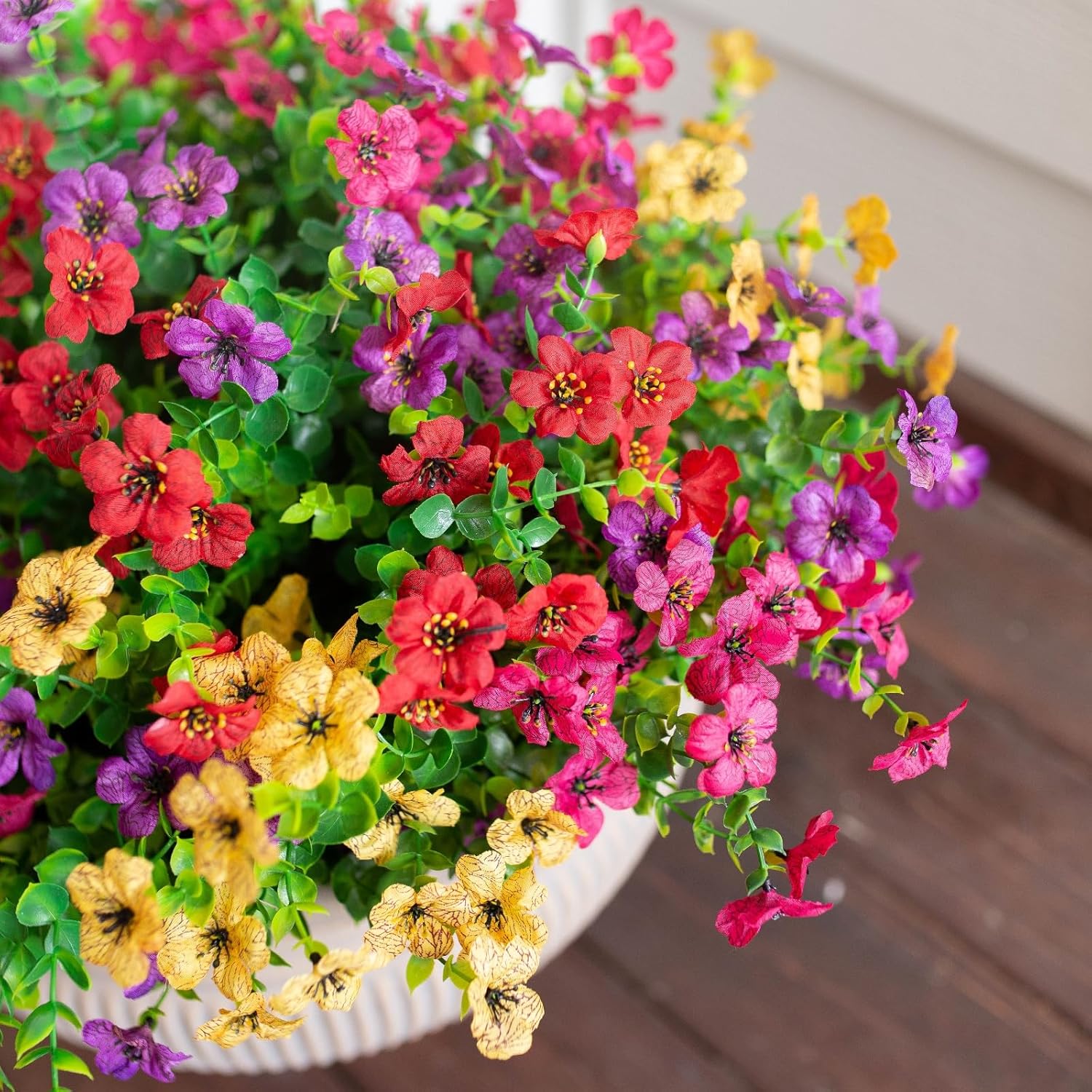HyeFlora Artificial Flowers for Outdoor Indoor Garden Home Decoration, Faux Flower Daisy with Eucalyptus Leaves Fake Plants Greenery Boxwood Porch Patio, 12 Bundles (Mix Pink Red Purple Yellow)