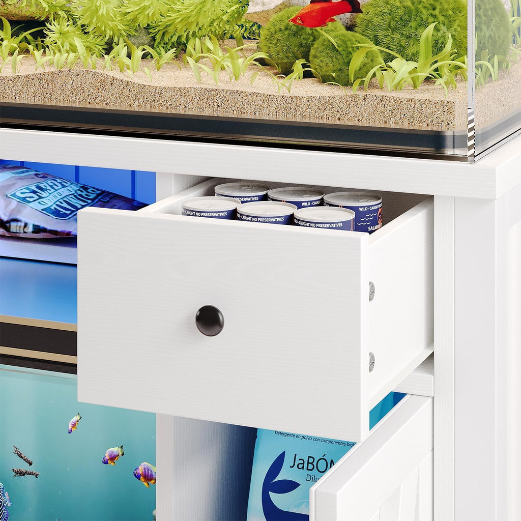 75 Gallon Fish Tank Stand with LED Light & Power Outlets, 55-75 Gallon Aquarium Stand with 2 Drawers & 2 Barn Doors, 52" L x 20" W Cabinet for 2 Fish Tank Accessories Storage, Turtle Tank, White
