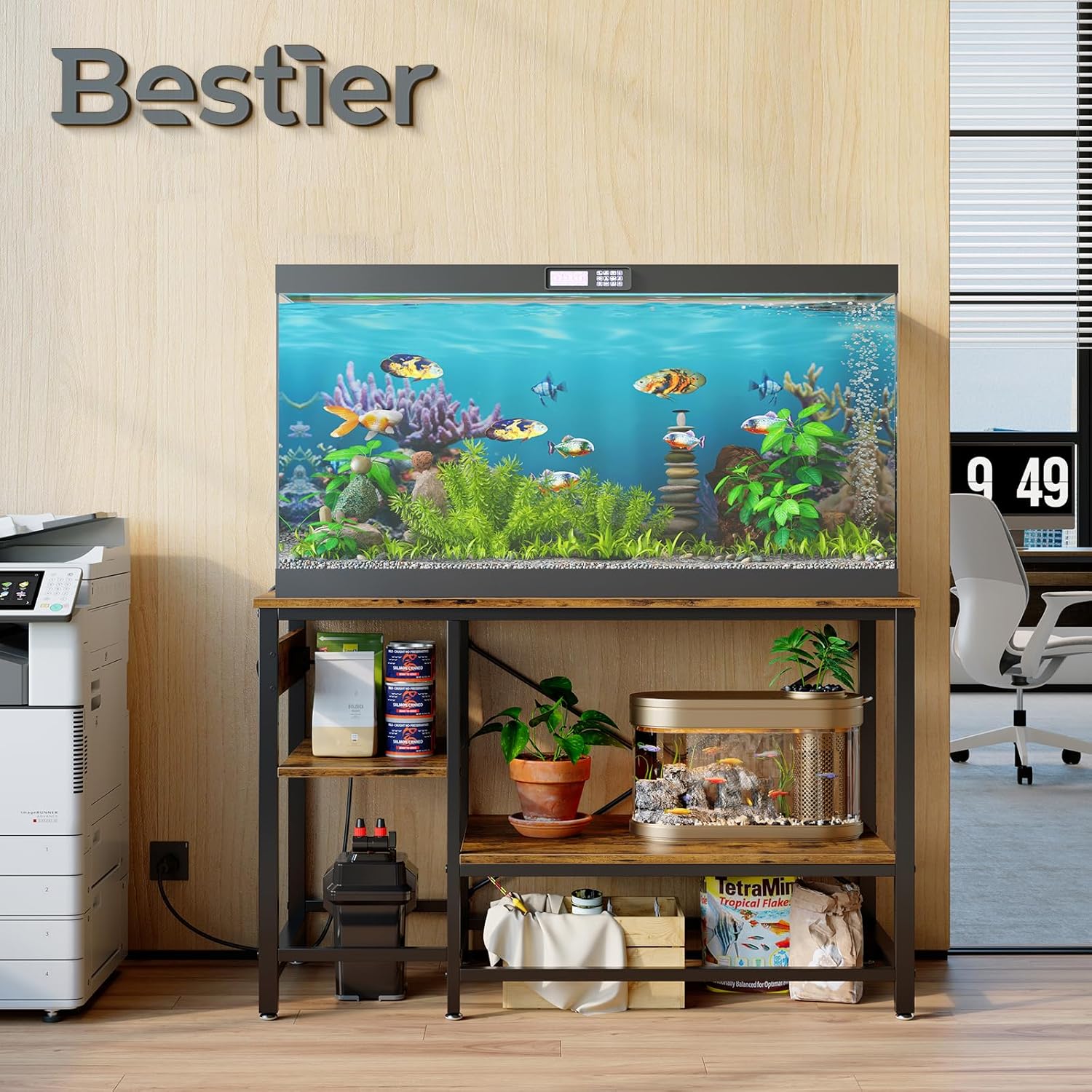 Bestier 55 Gallon Fish Tank Stand with Power Outlet, 49x13 Metal Aquarium Stand with Filter Storage, 6-Leg Long Reptile Tank Stand with 3-Tier Adjustable Storage Shelves, 700LBS Capacity
