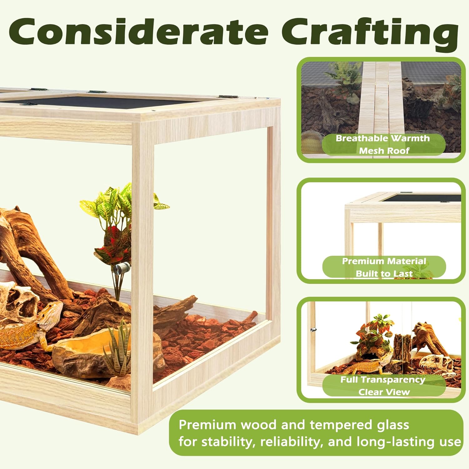 Prolee Tempered Glass Bearded Dragon Tank,Reptile Encloure and Snake Tank with Metal Mesh Roof Door,Locking Design Reptile Tank for Lizard,Gecko,Chameleon (Oak, 32 Gallon (32x16x16 Inch))