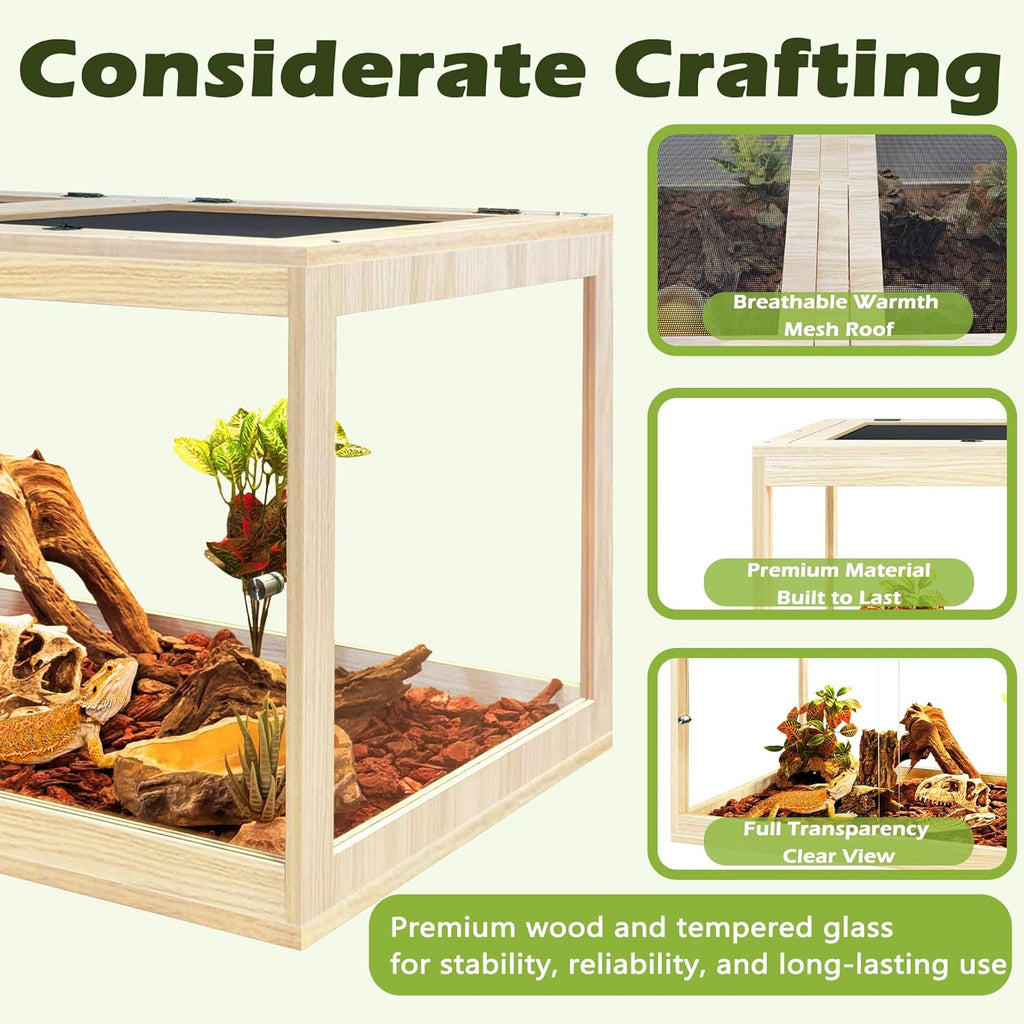 Prolee Tempered Glass Bearded Dragon Tank 28 Gallon, Lizard Tank, Reptile Tank with Metal Mesh Roof Door, Snake Tank with Lock Design, 24" Long, Oak
