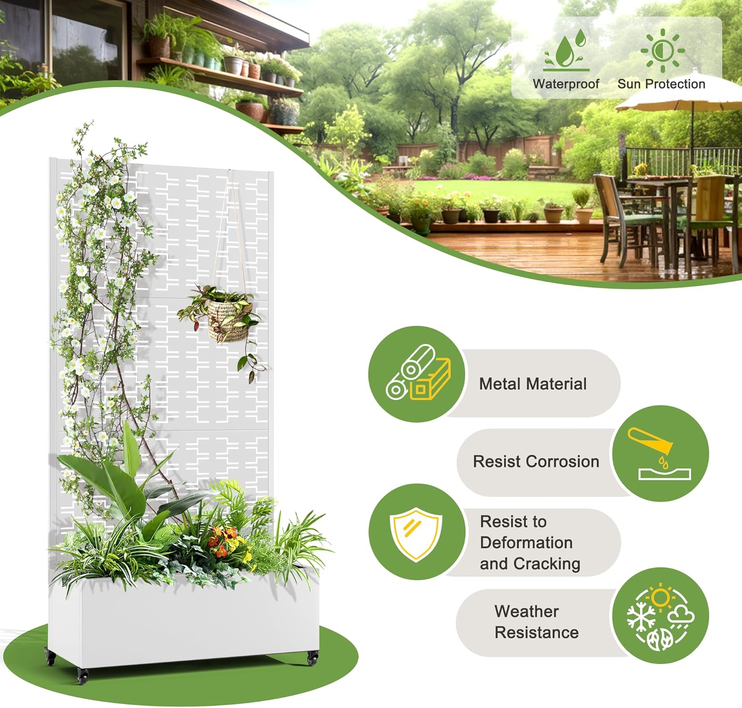 FENCY Metal Raised Garden Bed with Wheels and Trellis,73"x35"x16" Planter Box for Climbing Plants, Vegetables & Vines, Features Privacy Screen and Drainage Holes (White-Brick)