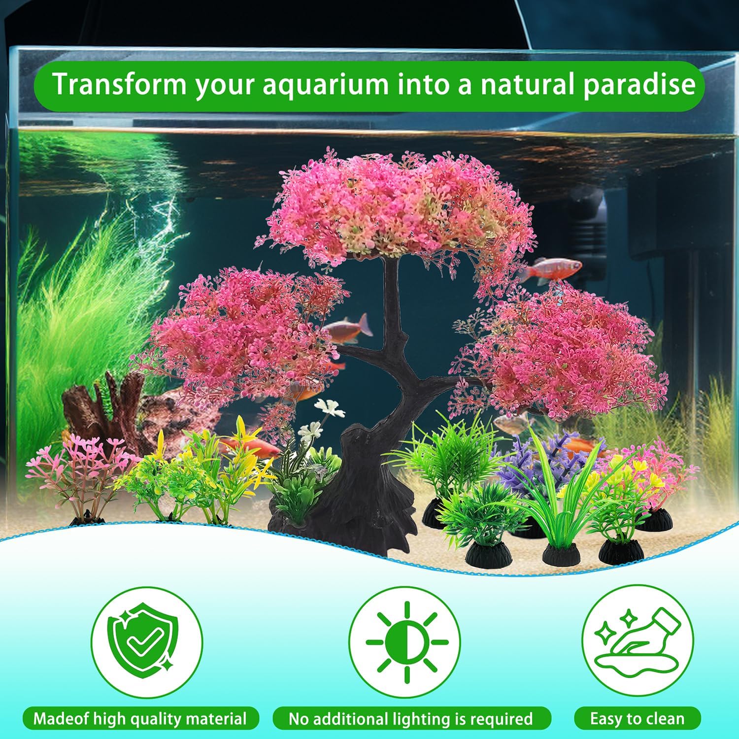 SLOCME Pink Cherry Blossom Tree Aquarium Decor Set – 10 Pcs Artificial Plastic Plants for Fish Tanks, Betta & Goldfish Hiding Accessories, Realistic & Safe Aquarium Decorations (Pink)