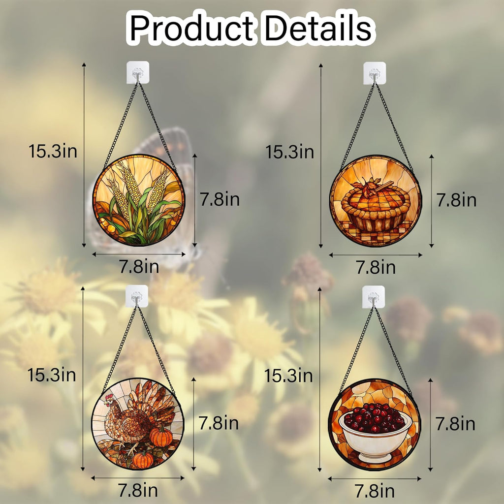 Stained Glass Window Hanging 4 Pcs Set Brown Turkey Berry Corn 7.8" - Suncatcher Door Garden Sun Catcher Decor Birthday Thanksgiving Mother's Day for Mom Woman Nana Men