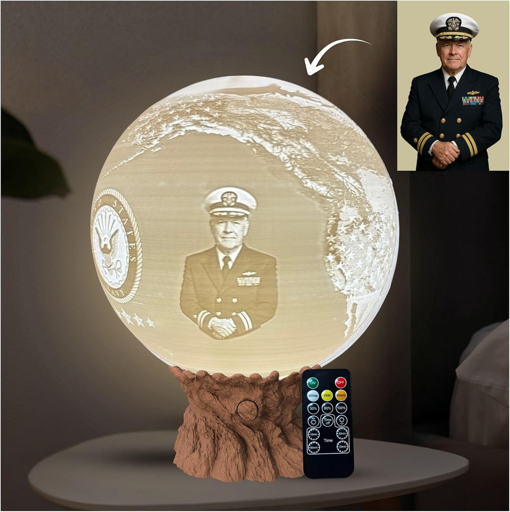 Personalized U.S. Navy Moon Lamp with Custom Photo & Text - Custom Army Moon Night Light with U.S. Navy Logo - Gift for Sailors, Veterans, Soldiers & Military Families