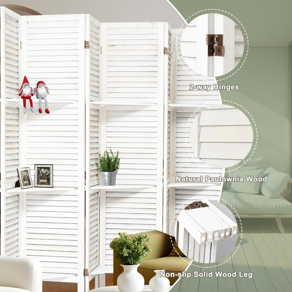 6 Panel Room Divider with Shelves Privacy Screen Partition Wooden Folding Divider for Room Separation Freestanding Room Divider for Home Office, Studio and Apartment, Faded White