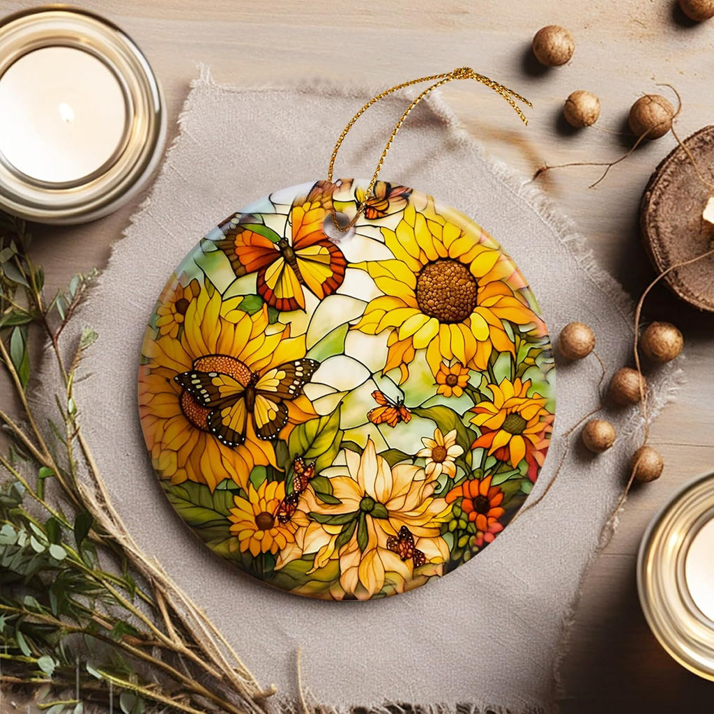 Stained Ceramic Butterfly with Sunflower Christmas Hanging Ornament for Tree Decorations Ideas