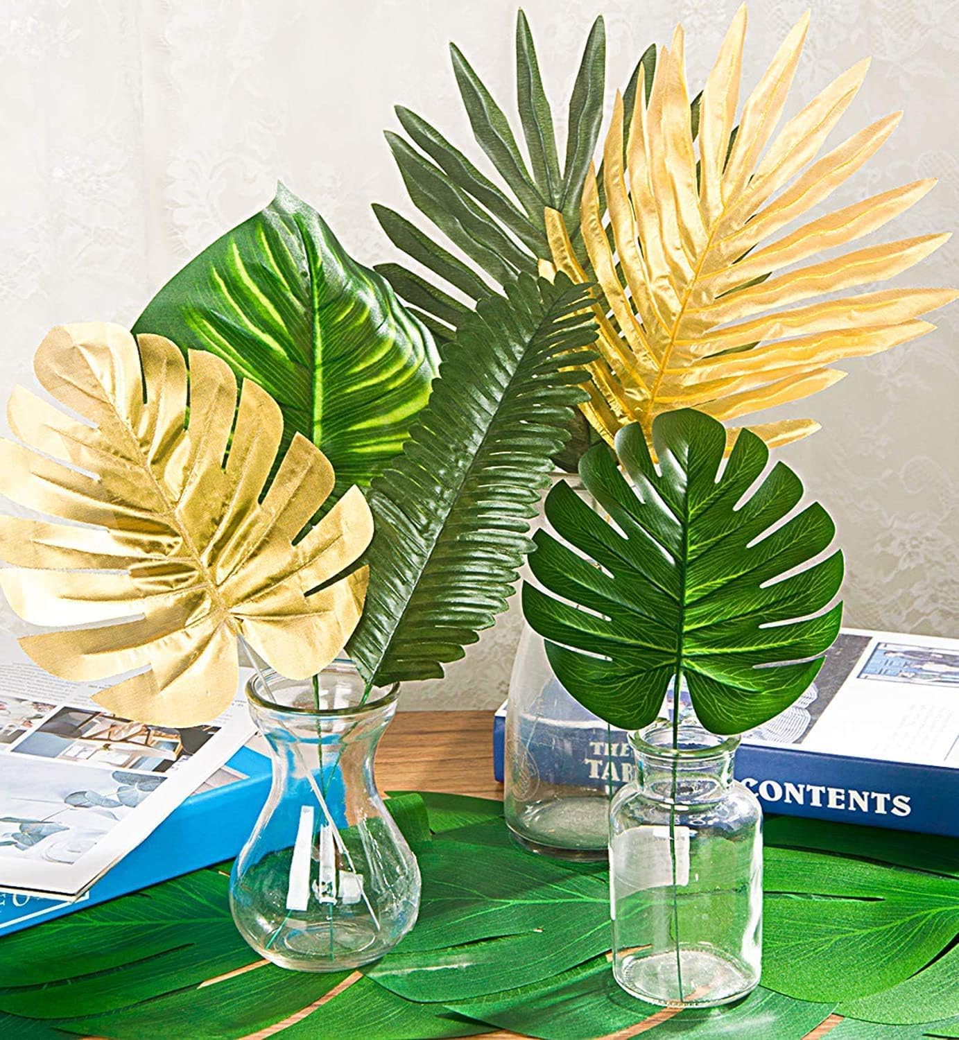 120Pcs 9 Kinds Artificial Tropical Leaf Jungle Leaves Golden Plant Safari Leaves Decorations for Hawaiian Party Beach Birthday Luau Party Decorations