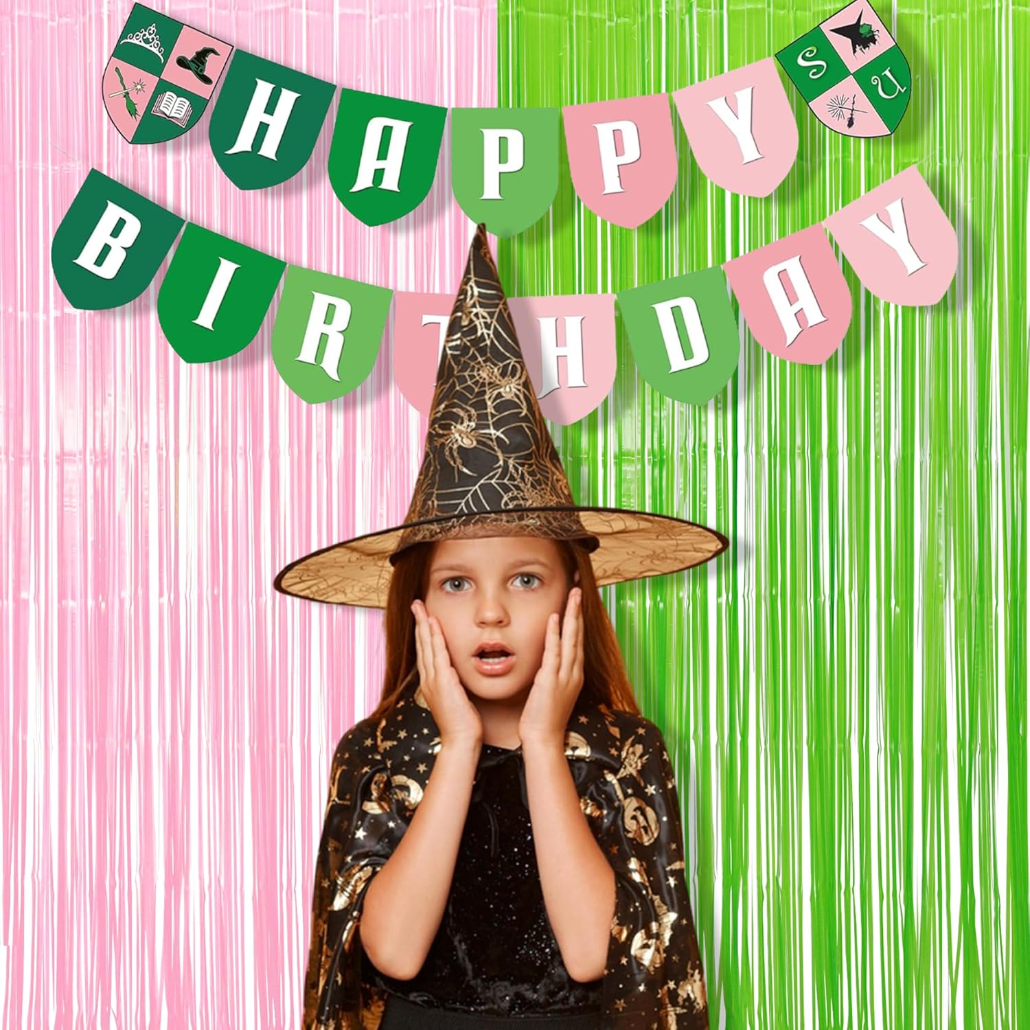 BRAVESHINE Party Streamers Backdrop - 2 Pack 3.2ft X 8.2ft Tinsel Foil Fringe Curtains for Christmas/Fairy/Girl/Birthdays/Wizard/Bridal/Baby Shower/Photos Booths/Pink and Green Party Decorations