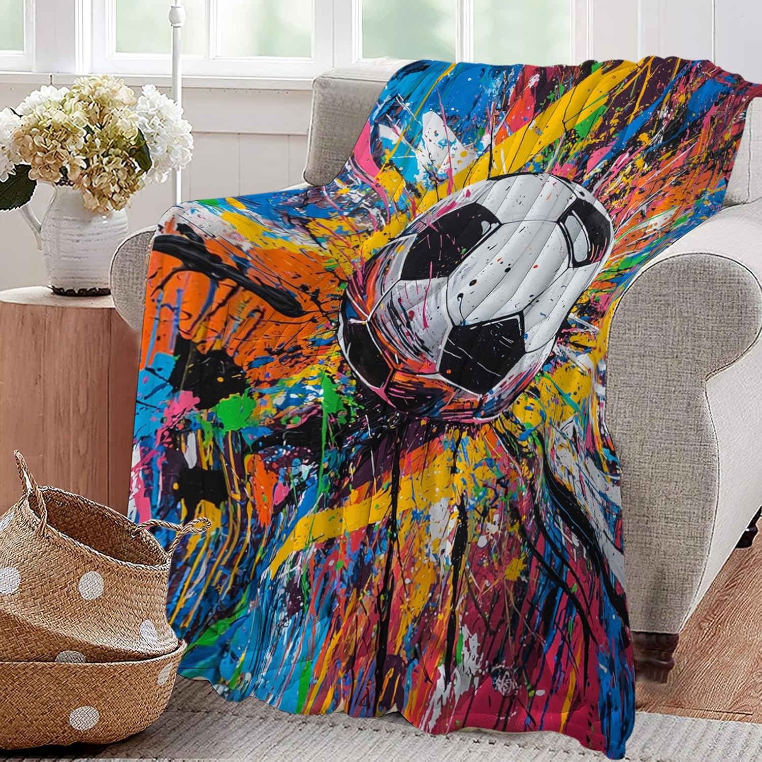 Graffiti Soccer Blanket Banksy Sport Throw Blankets Gifts for Girls Boys Kids Soccer Lover Soft Cozy Fleece Plush for Couch Sofa Bed 60"x50"
