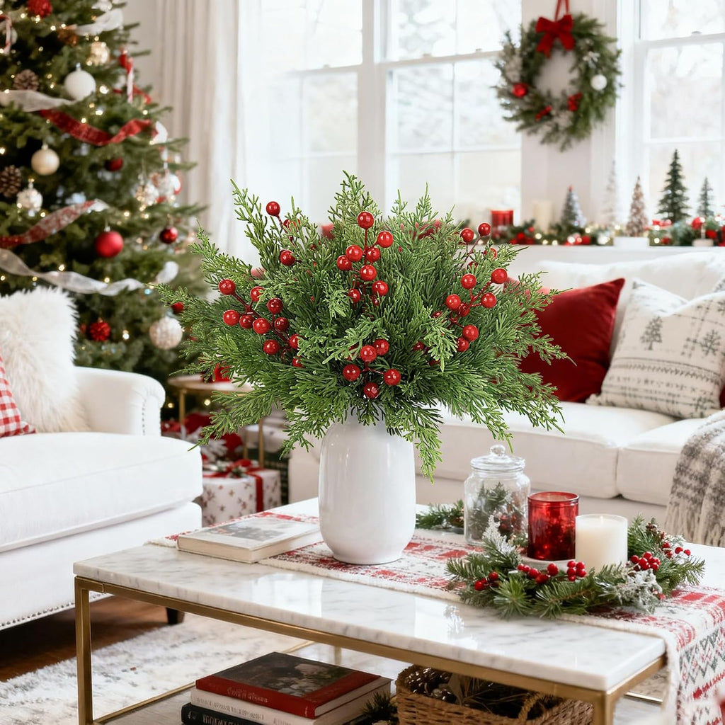 Ouddy Decor 80 Pcs Christmas Artificial Pine Branches, 12" Faux Norfolk Pine Cypress Leaves with Red Berry Stems for Christmas Tree Wreath Garland DIY Craft Table Vase Decor
