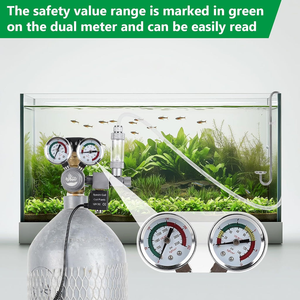 Aquarium Co2 Regulator, Dual Gauge Accurate Display, with 12V DC Solenoid Valve, Bubble Counter and Check Valve,for Establishing CO2 System in Aquatic Plant Tank