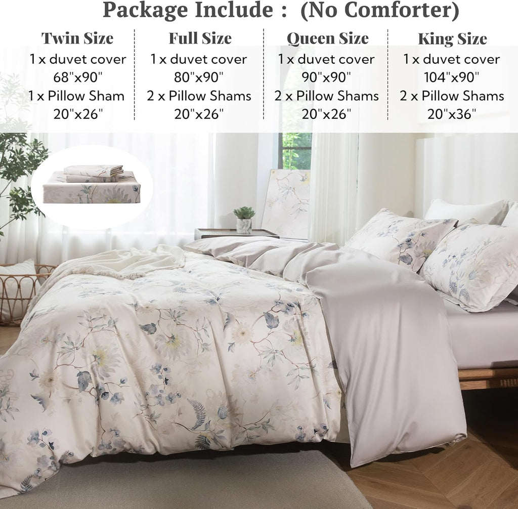 MILDLY King Size Duvet Cover Set 100% Long-Staple Cotton Luxury Elegant Floral Patten Reversible Comforter Cover Set 3Pcs
