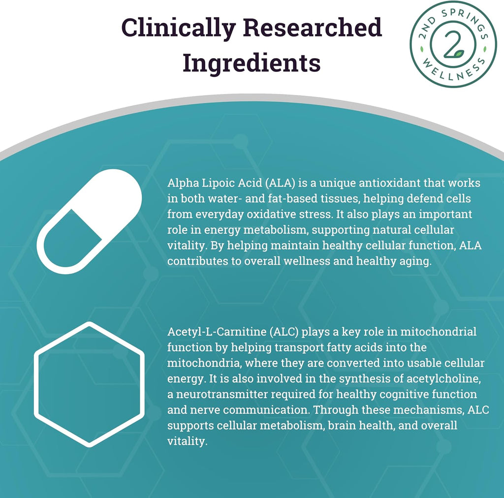 ALA + ALC Complex | Alpha Lipoic Acid (225 mg) + Acetyl-L-Carnitine (525 mg) - Antioxidant & Mitochondrial Support | Promotes Energy, Focus & Healthy Aging, 60 Capsules