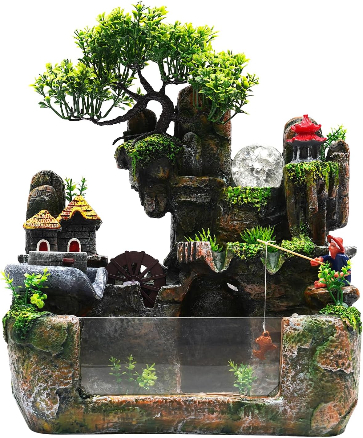 Desktop LED Waterfall Fountain,Tabletop Rockery Water Fountain with Fish Tank and Atomizer for Home Office Bedroom Decorative