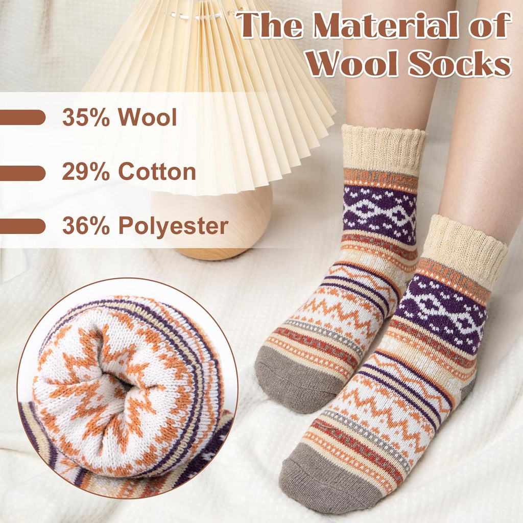 Justay 5 Pairs Wool Socks for Women - Winter Thick Boot Cozy Crew Vintage Soft Calf Knit Warm Socks Gifts