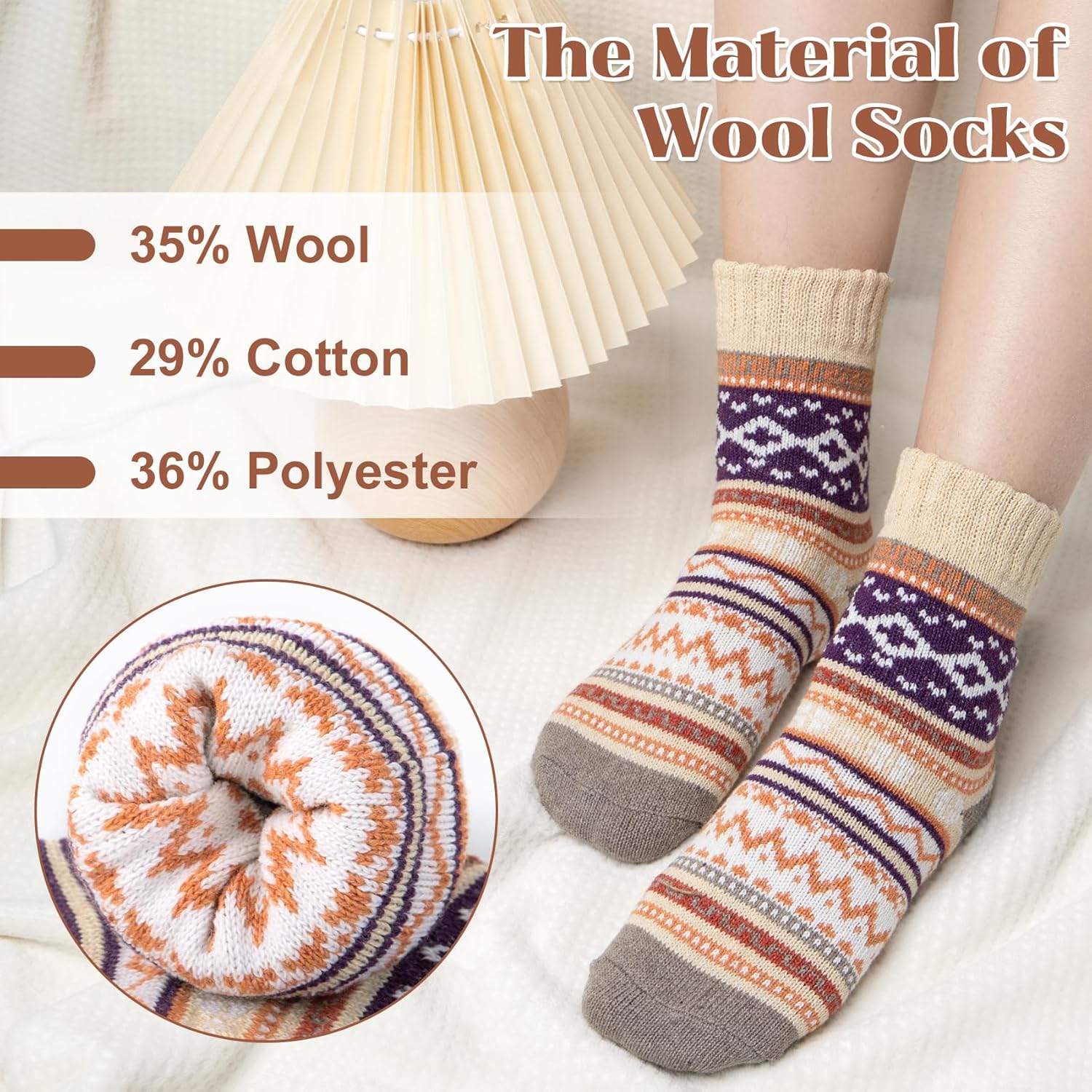 Justay 5 Pairs Wool Socks for Women - Winter Thick Boot Cozy Crew Vintage Soft Calf Knit Warm Socks Gifts
