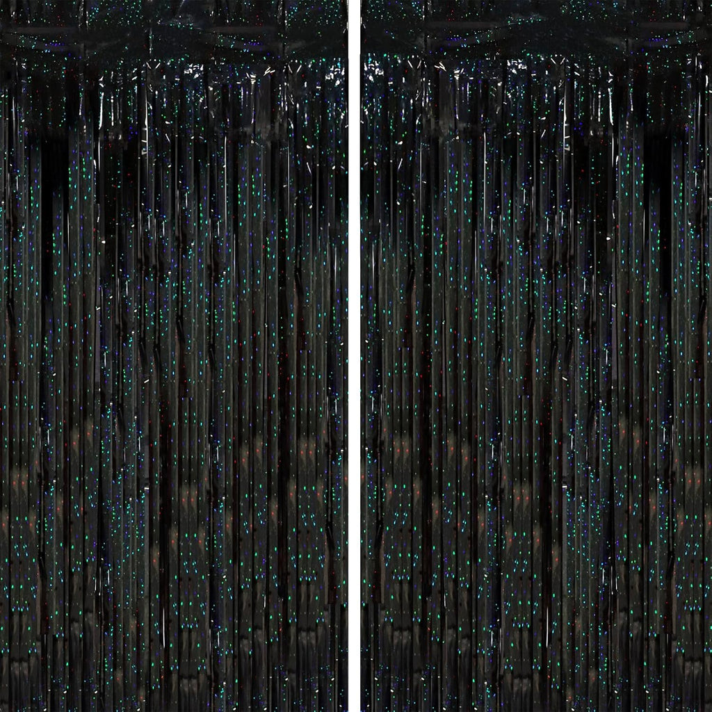 2 Pack Laser Black Tinsel Foil Fringe Curtains, Black Party Decorations, Metallic Tinsel Party Streamers Backdrop for Birthday Halloween Masquerade New Years Gatsby 1920s Party Decorations