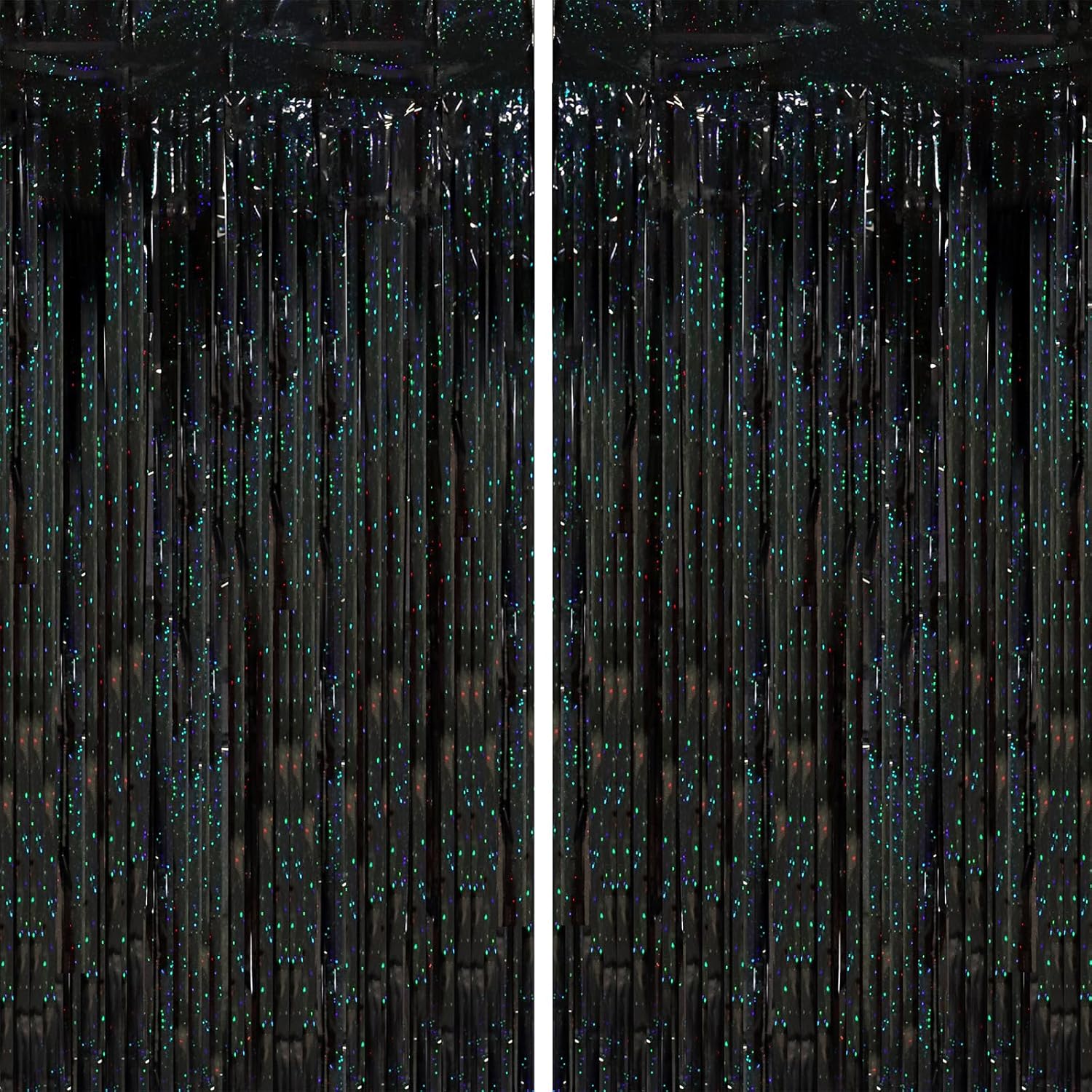 2 Pack Laser Black Tinsel Foil Fringe Curtains, Black Party Decorations, Metallic Tinsel Party Streamers Backdrop for Birthday Halloween Masquerade New Years Gatsby 1920s Party Decorations