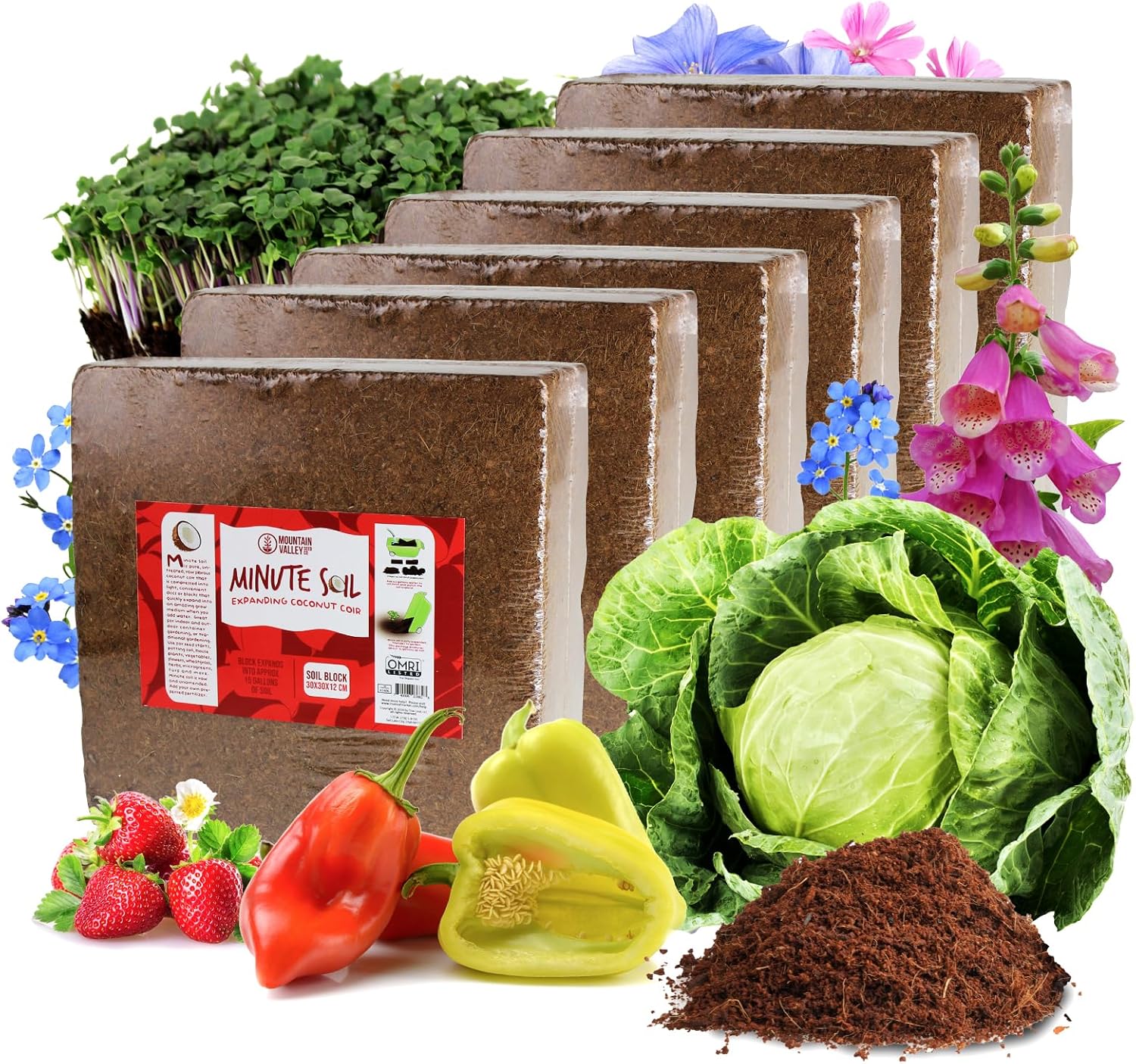 Minute Soil Bulk Coconut Coir Block 6-Pack – OMRI Listed for Organic Use – 72 lb Compressed Soil Expands with Water – Organic Grow Medium for Gardens & Farms