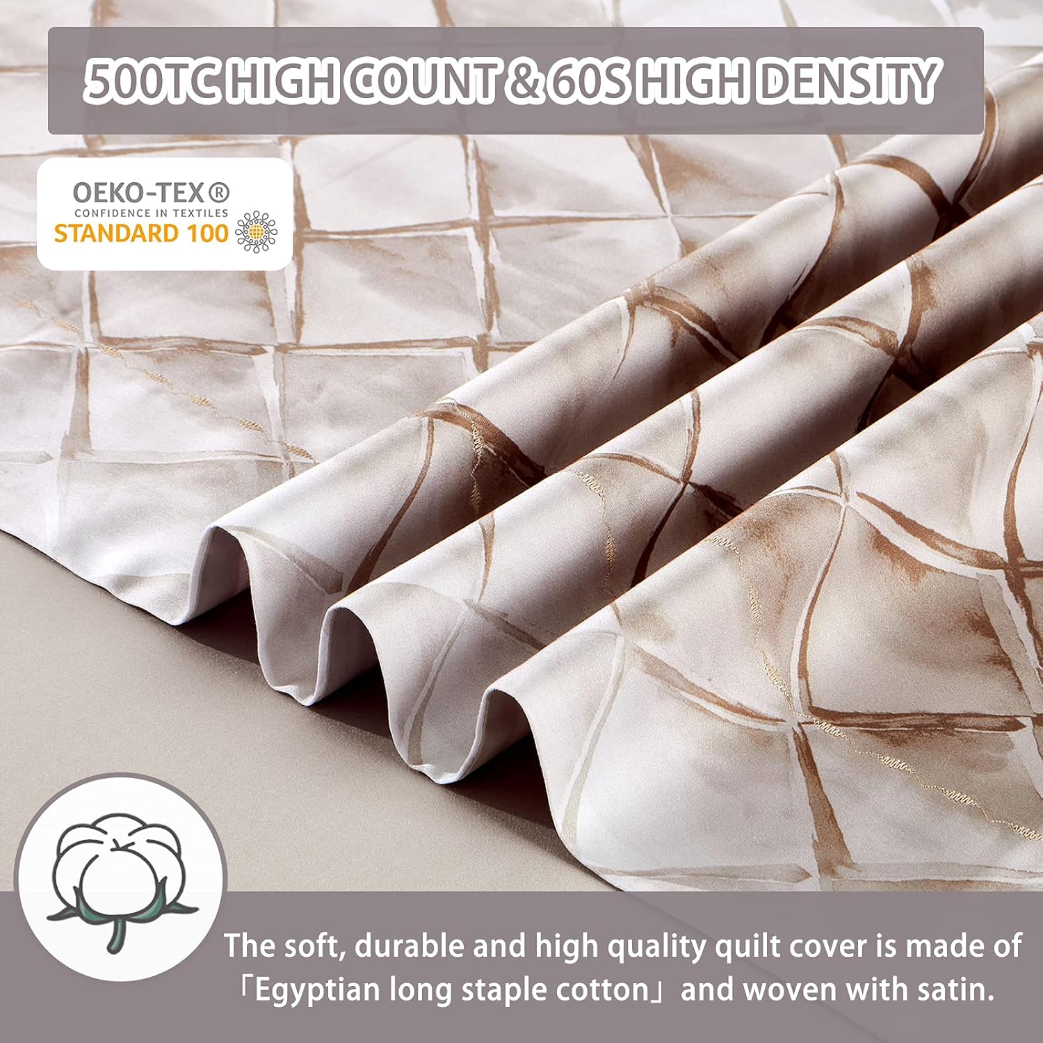 MILDLY 100% Long-Staple Cotton Duvet Cover Set Gray Beige Geometric Pattern Printed Comforter Cover 3pcs, Ultra Soft & Breathable Bedding Set