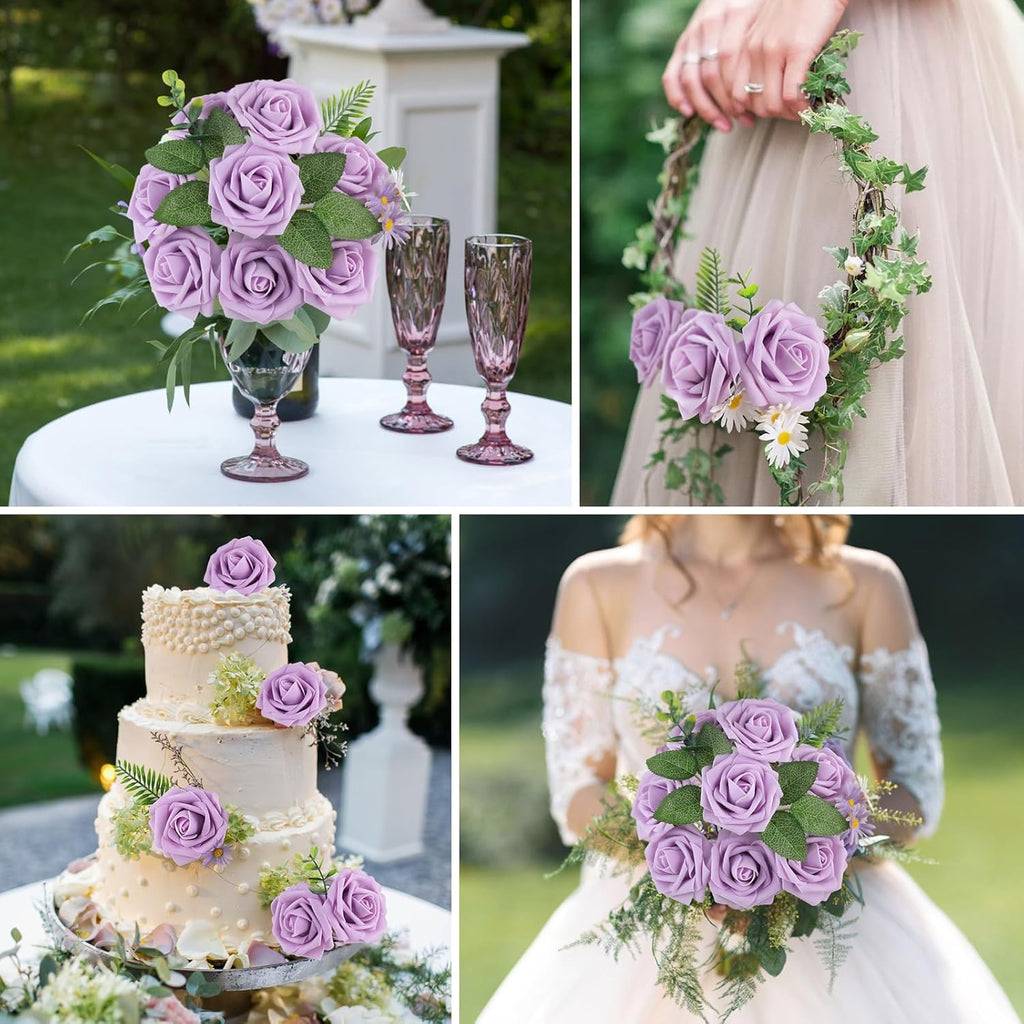 AmyHomie 25pcs Real Looking Artificial Lavender Roses w/Stem for DIY Wedding Bouquets Centerpieces Arrangements Party Baby Shower Valentines Day Christmas Tree Decorations