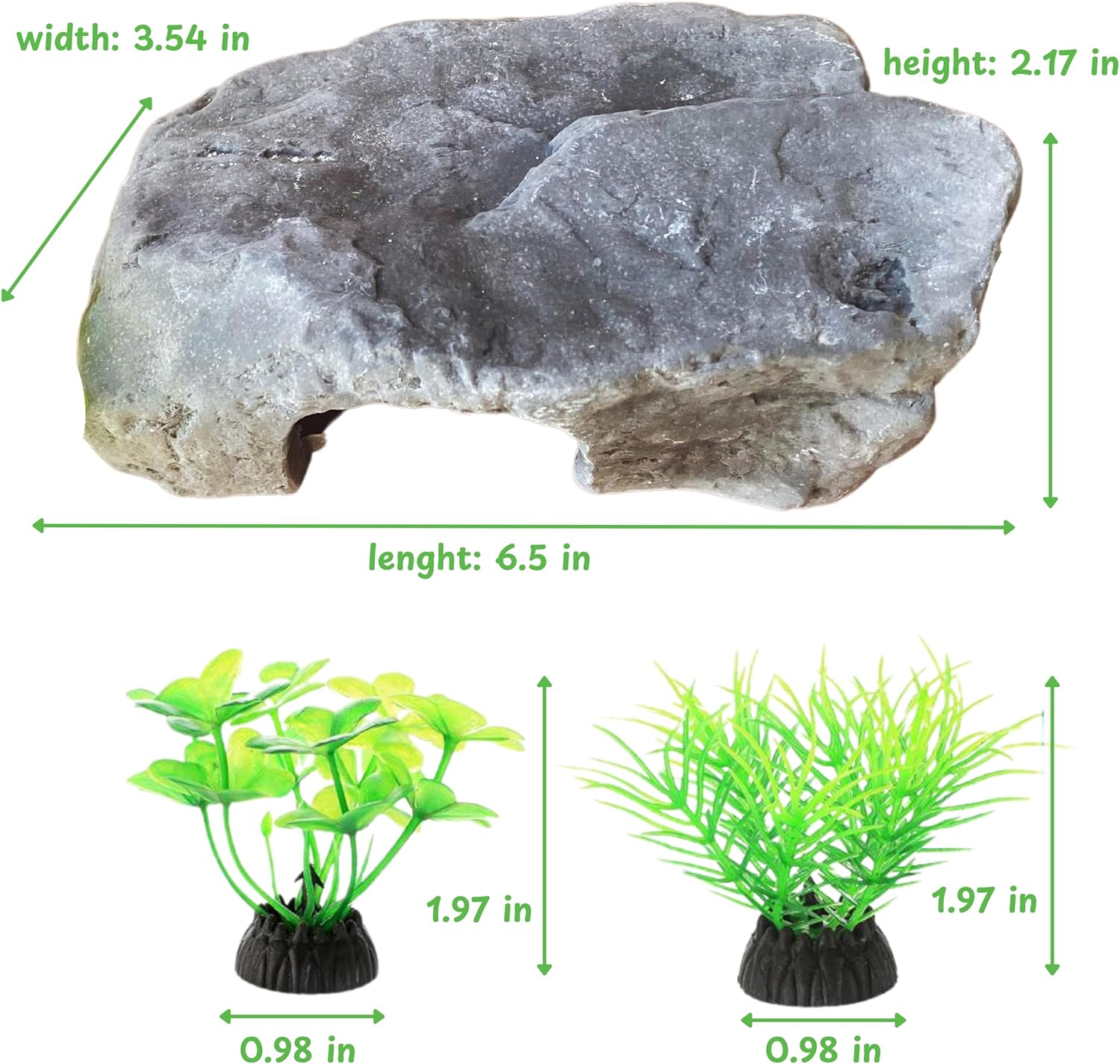 Axolotl Tank Accessories - Aquarium Tortoise Hideout, Hides and Fake Water Plants Set, Cave Plastic Tree, Turtle Hideout, Fish Tank Decor (Stone, M)