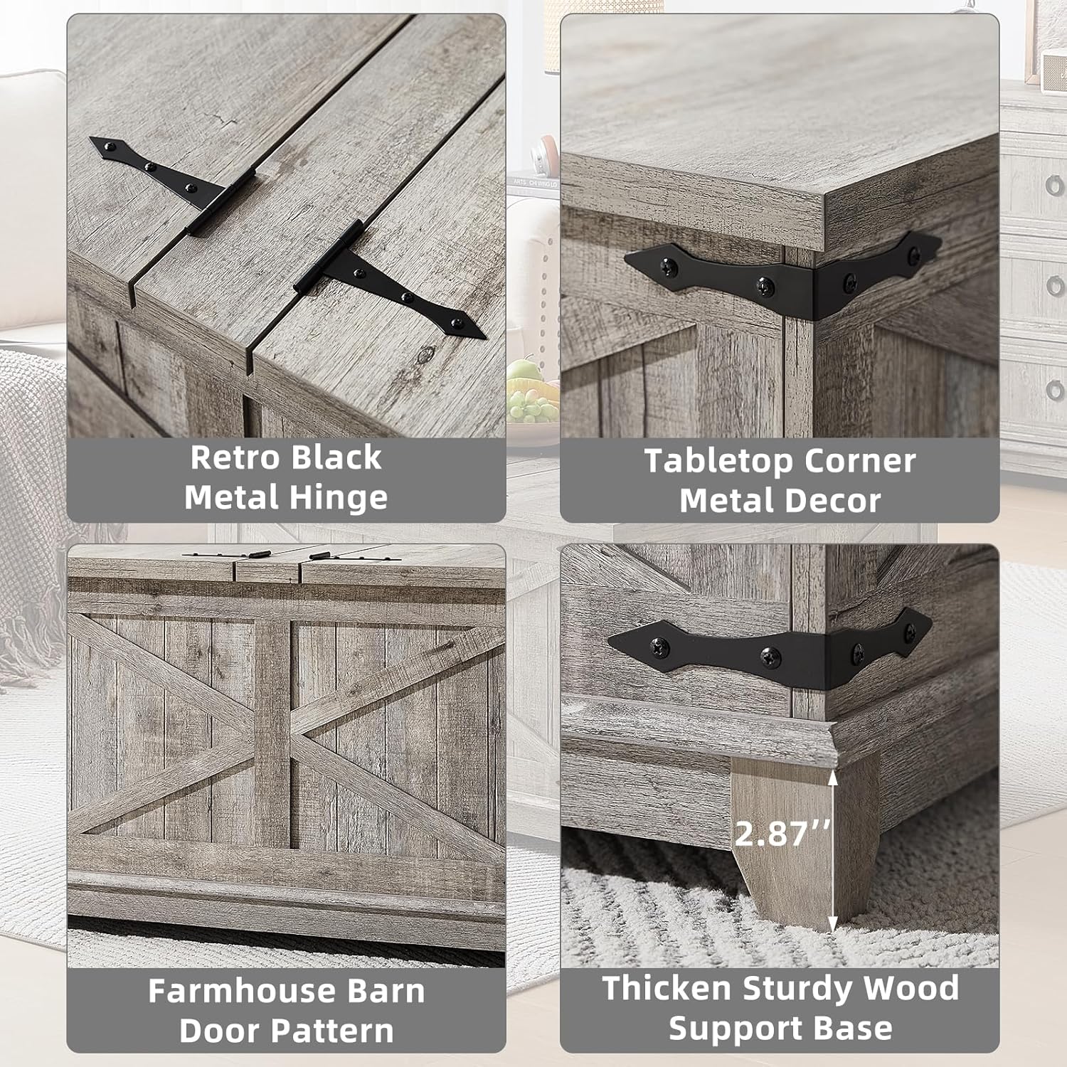 Farmhouse Coffee Table with Hidden Storage Organizer, Modern Square Large Center Table, Wood Farm House Low Rustic Light Oak Living Room Tables with Hinged Lift Top for Home, Office