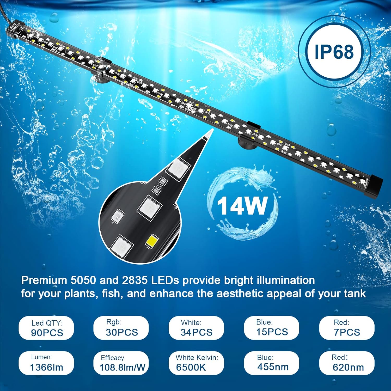 hygger 24/7 Mode Submersible Aquarium LED Light, Full Spectrum Hidden Fish Tank Light with 3 Rows Beads 7 Colors Auto On Off Sunrise-Daylight-Moonlight, Adjustable Timer Brightness (23.6in 14W)