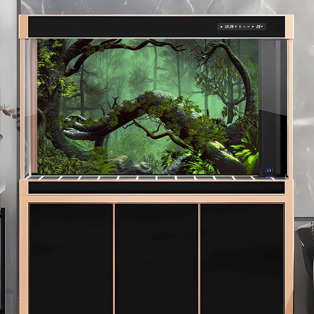 Forest Aquarium Background Jungle Plants Lush Green Trees Reptile Habitat Background Foggy Rainforest Natural Landscape Fish Tank Background Misty Rainforest Terrarium Background Vinyl 36x18in