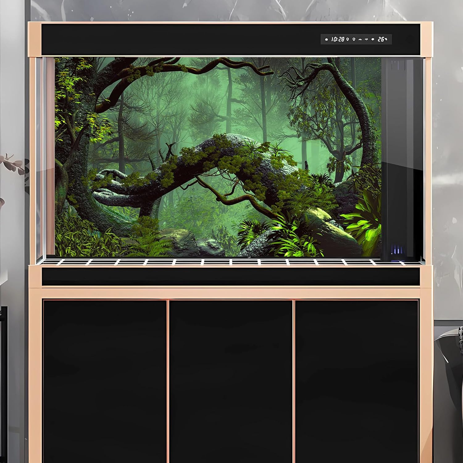 Forest Aquarium Background Jungle Plants Lush Green Trees Reptile Habitat Background Foggy Rainforest Natural Landscape Fish Tank Background Misty Rainforest Terrarium Background Vinyl 36x20in