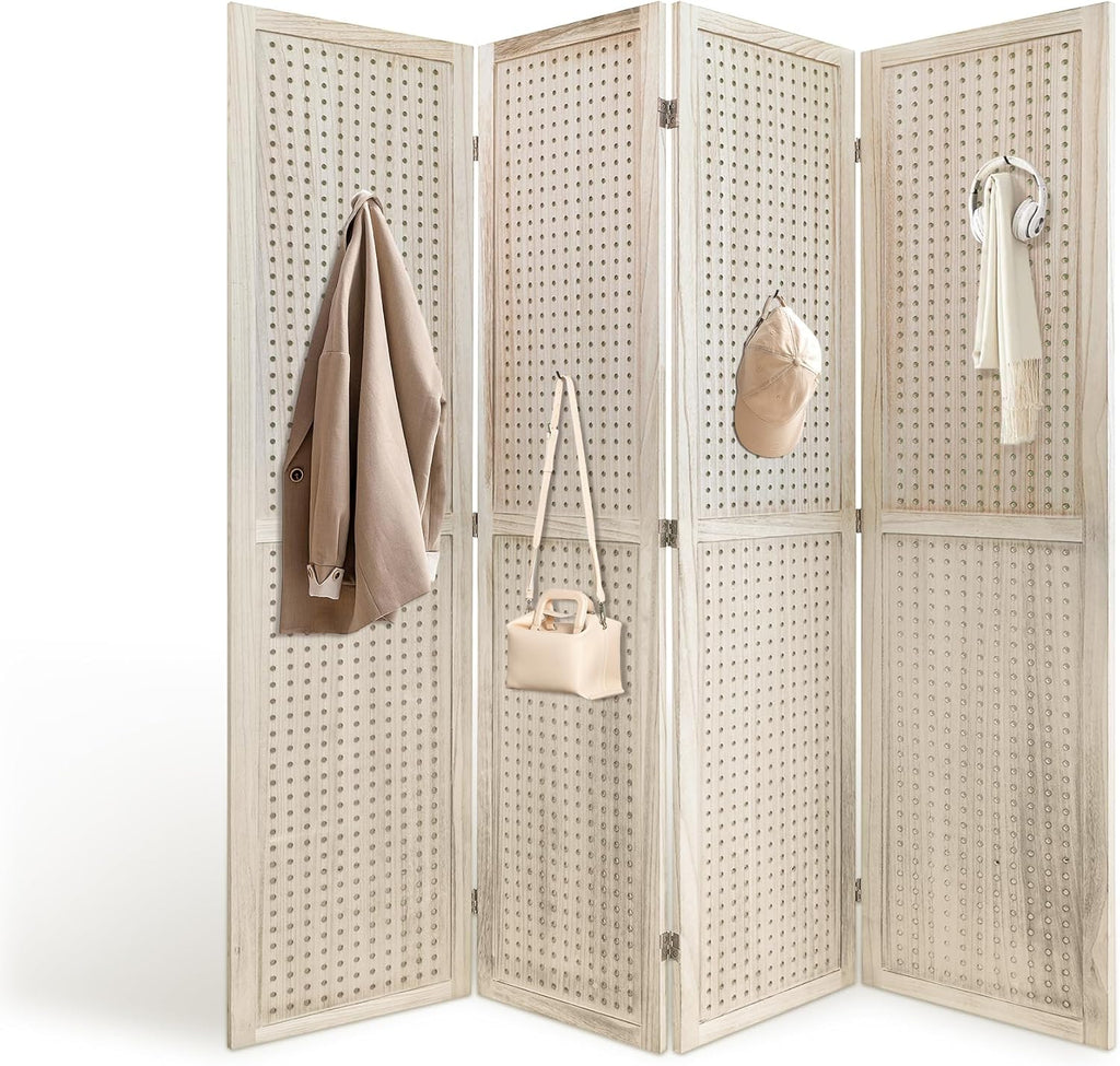 4 Panel Room Dividers 5.6FT Wall Divider with Freestanding Peg Board Display Wooden Folding Privacy Screen Foldable Partition Wall for Studio Apartment, Living Room, Natural Wood