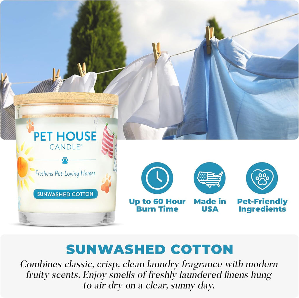 One Fur All Pet House Candle 2 Pack - Plant-Based/Soy - Clean Burning Scented, Long Lasting Pet Odor Candle for Home - Sunwashed Cotton
